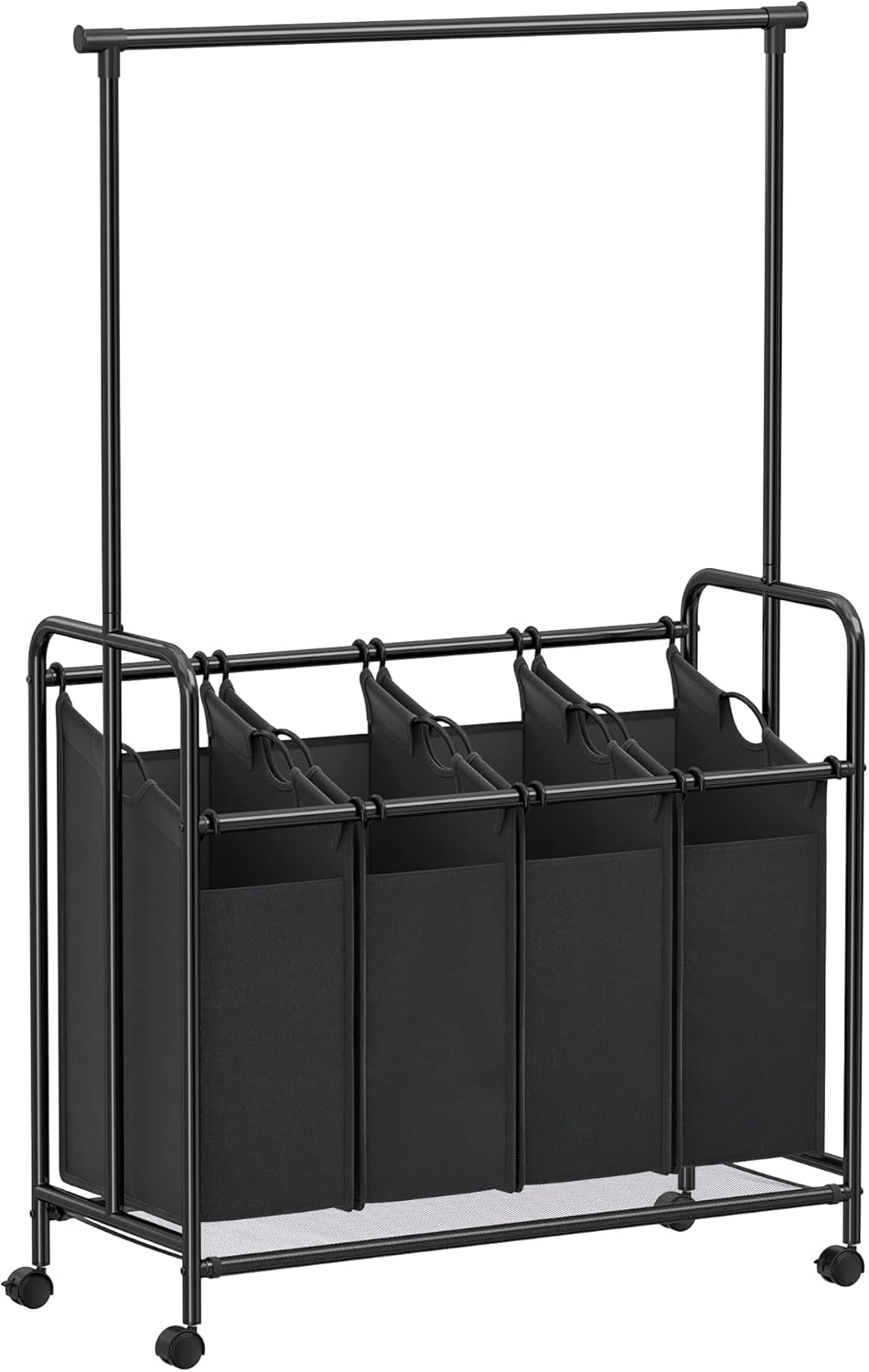 SONGMICS 4-Section Laundry Sorter, Rolling Laundry Cart with Hanging Bar, Laundry Organizer, Hampers for Laundry, Heavy-Duty, Lockable Wheels, 4 x 13.2 Gal., Black URLS44B