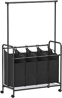 SONGMICS 4-Section Laundry Sorter, Rolling Laundry Cart with Hanging Bar, Laundry Organizer, Hampers for Laundry, Heavy-Duty, Lockable Wheels, 4 x 13.2 Gal., Black URLS44B