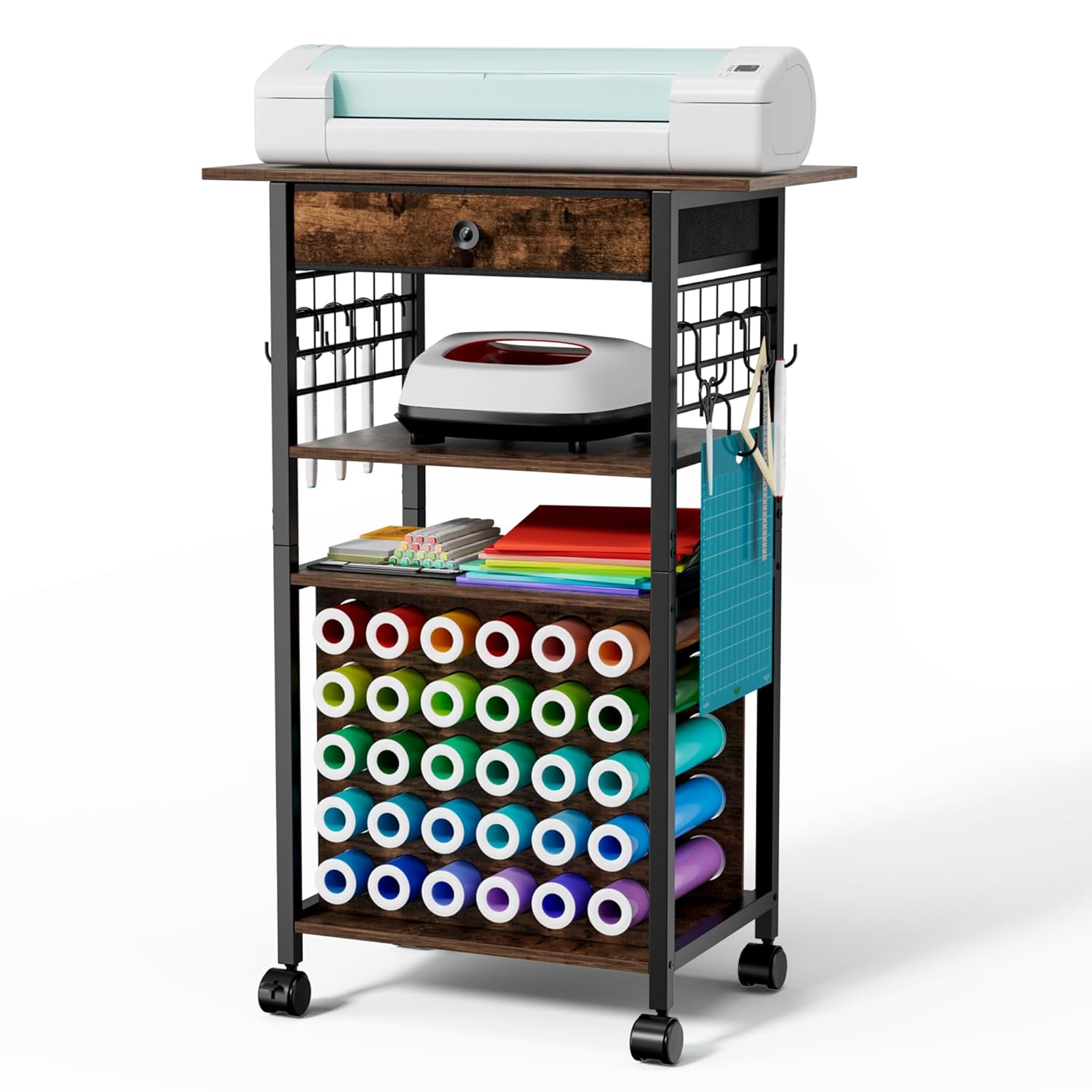 Craft Cart and Organizer Table Compatible with Cricut - Rolling Storage Cart/Shelf with 30 Vinyl Roll Holders, 1 Fabric Drawer, Accessories Holder, Tool Hook for Craft Room Home,Office
