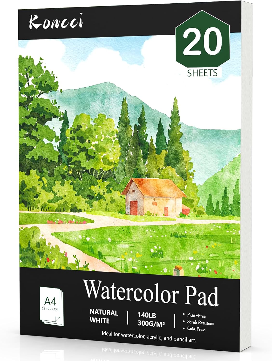 Watercolor Paper Pad (8.3"x11.7"-A4), 20 Sheets Watercolor Sketchbook, 140lb/300gsm, Glue Bound, Natural White, Cold Press & Acid-Free Water Color Paper for Adults Kids Beginner Students