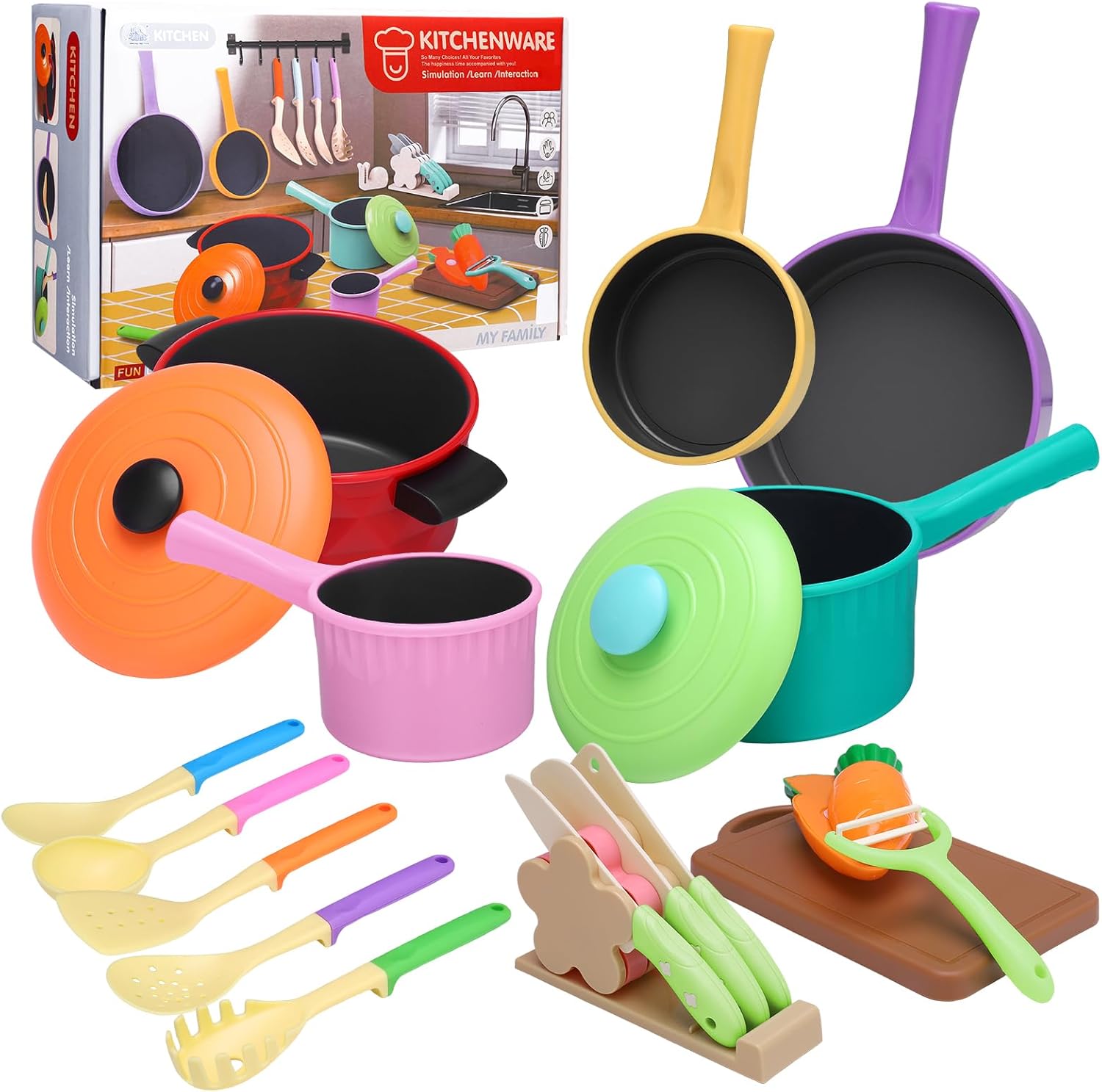 GSrenyu Kids Kitchen Toy Accessories Set, Cooking Cookware Toys Pots and Pans Playset Role Play Cutting Fruit Food Toy Kitchen Pretend Toy for Kids Girl Boy Toddler 3 4 5 6 Years Old