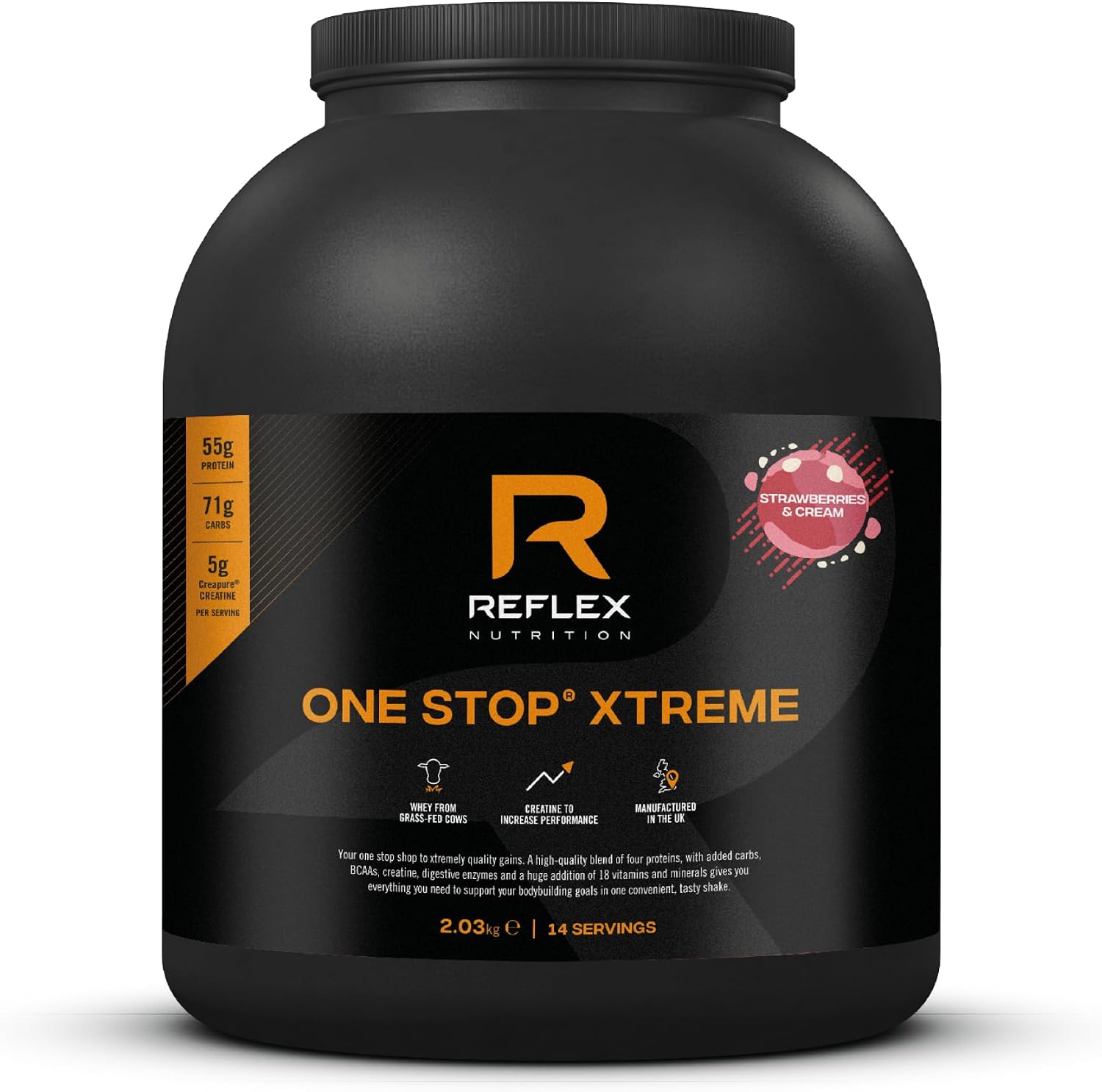 Reflex Nutrition One Stop® Xtreme - Serious Mass Gainer - All in One Protein Powder - 55g Protein, 10.3g BCAAs, 5,000mg Creatine - Muscle Building Protein Shake (Strawberries & Cream, 2.03kg)
