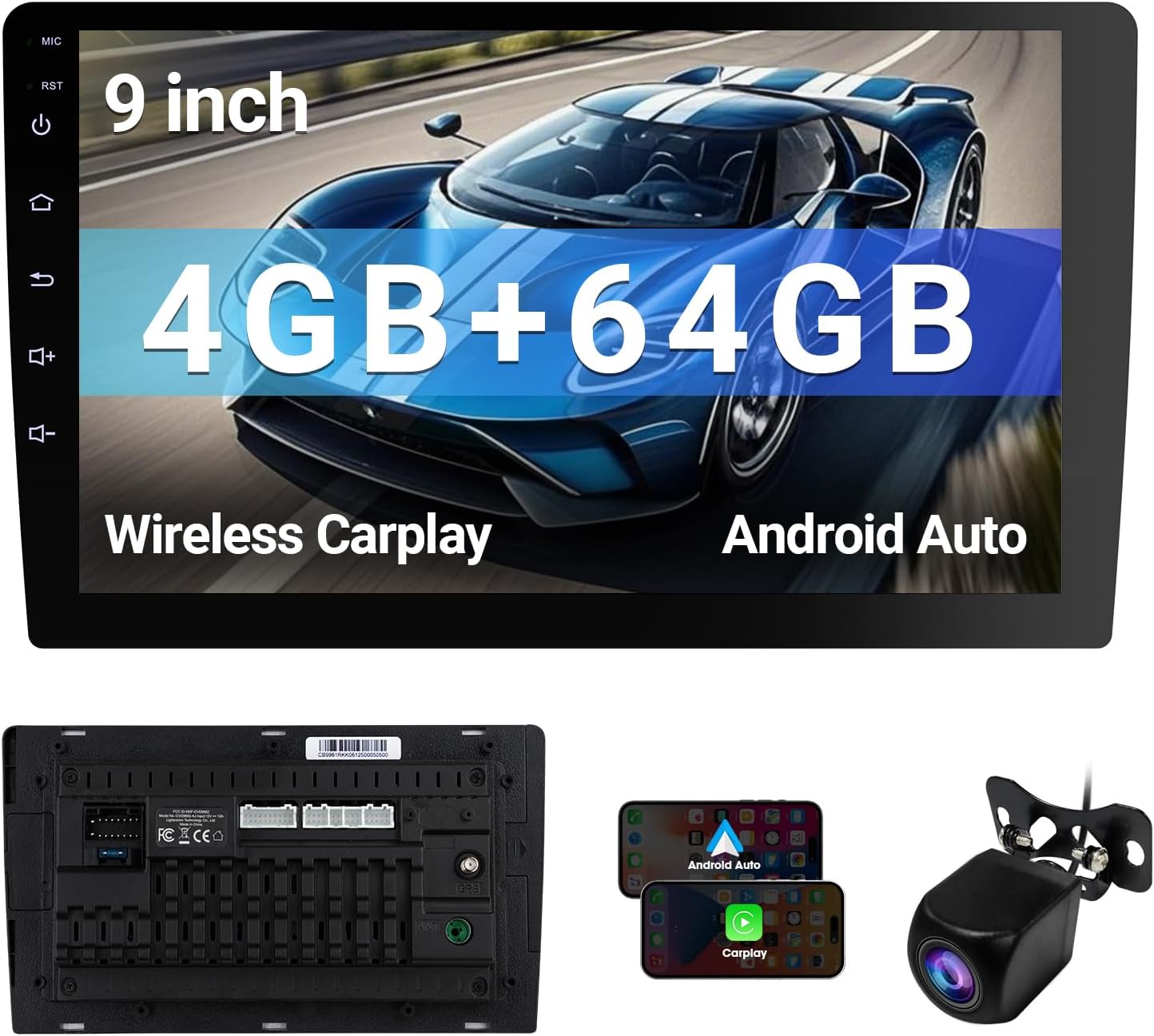 9 Inch Android 13 Car Stereo,Double DIN Car Radio with Bluetooth,Touchscreen,Wireless Apple Carplay/Android Auto, Reverse Camera,GPS Navigation,AM/FM Radio,MP3 Player(4+64G)