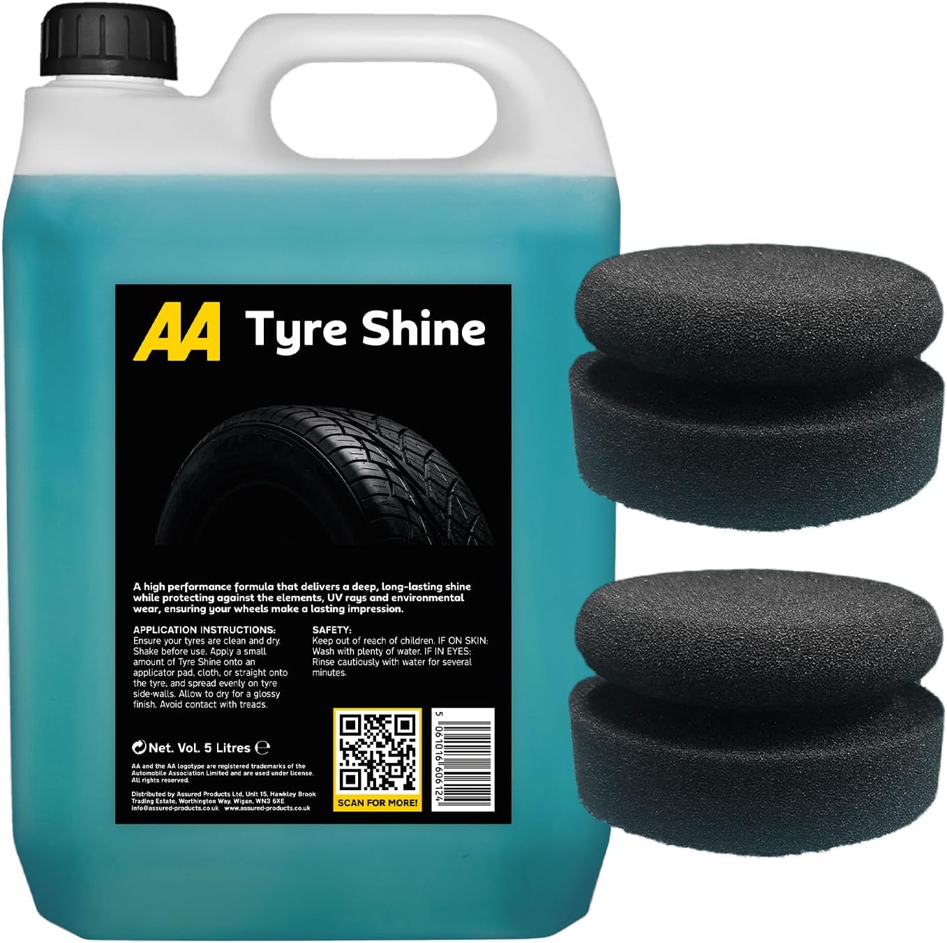 AA Tyre Shine 5 Litre with 2 x Applicator pads (Black), Deep Shine, UV Protection