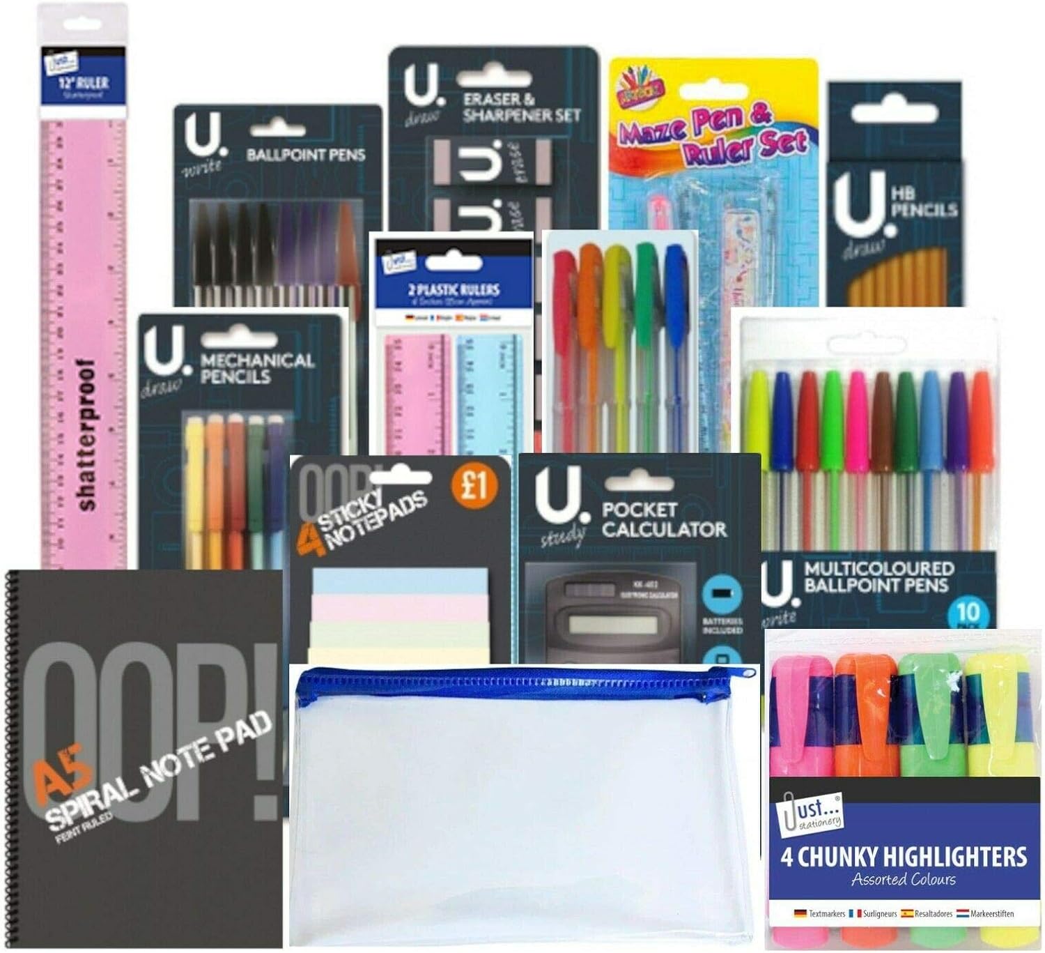 64 pcs Stationery Set Back to School Stationary Set Home Schooling Pen Pencil Eraser Calculator Pencil case Sticky Pads