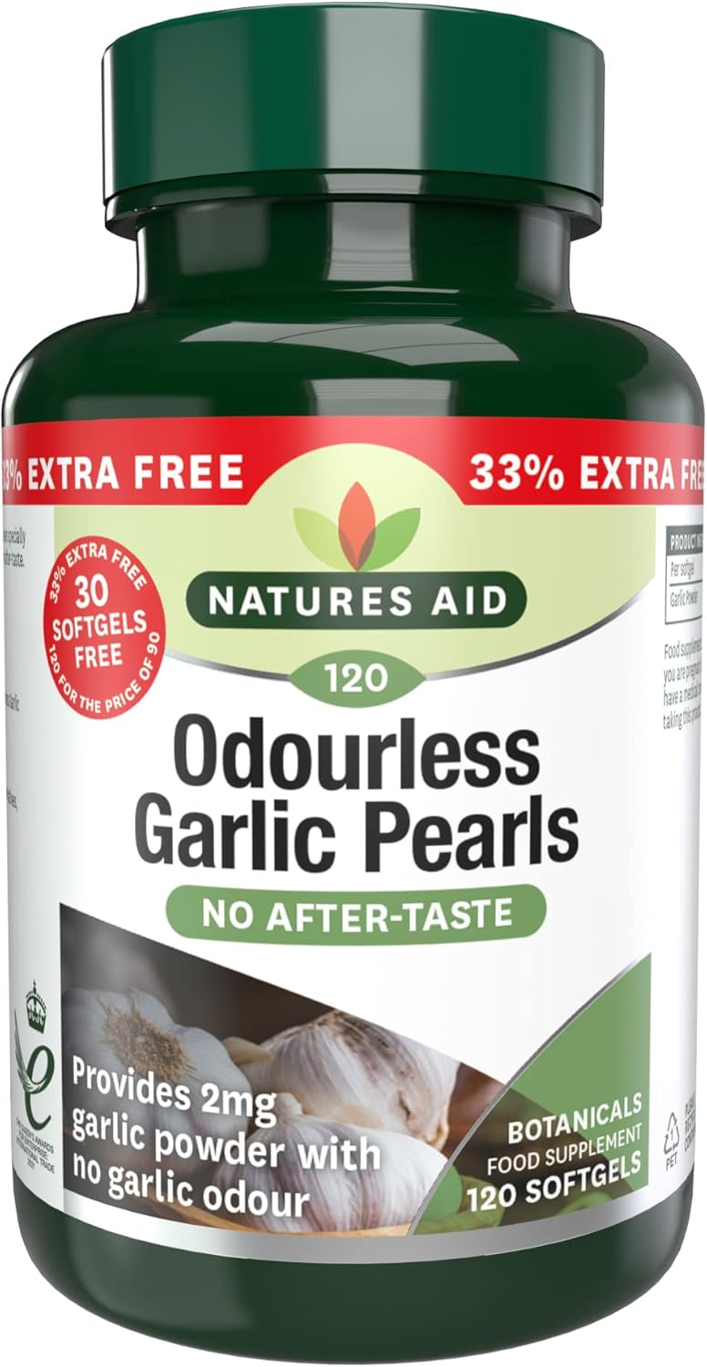 Natures Aid Odourless Garlic Pearls - Supports Heart Health and Circulation - Antioxidant - Non-GMO, Gluten-Free - One-a-Day Easy to Swallow, Tasteless Supplement - 120 Softgel Capsules