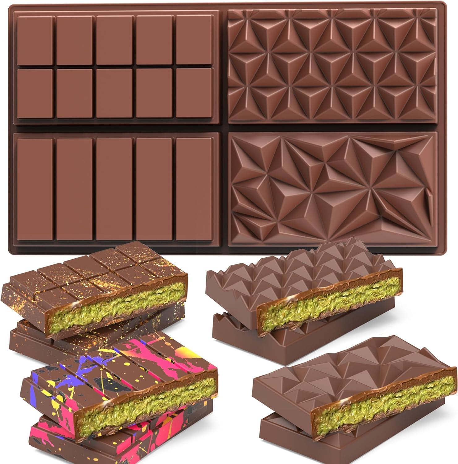 Sadodo Dubai Chocolate Bar Mould,Large 4 Cell Deep Silicone Moulds,Mix Diamond Square Shapes,for Pistachio Chocolate,Candy Biscuit Making,Ice Cube Tray Gift DIY Valentine,Birthday,Halloween