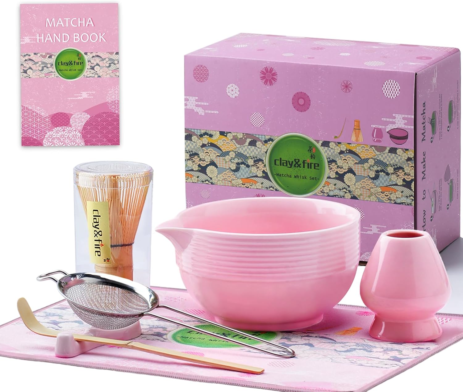 Clay&Fire Matcha Whisk Set, 9 pcs Ceramic Matcha Set, Gifts for Women,Matcha Bowl with Spout and Whisk, Matcha Kit for Matcha Lovers, Ideal Gift Christmas, Birthday, Anniversary(Pink)
