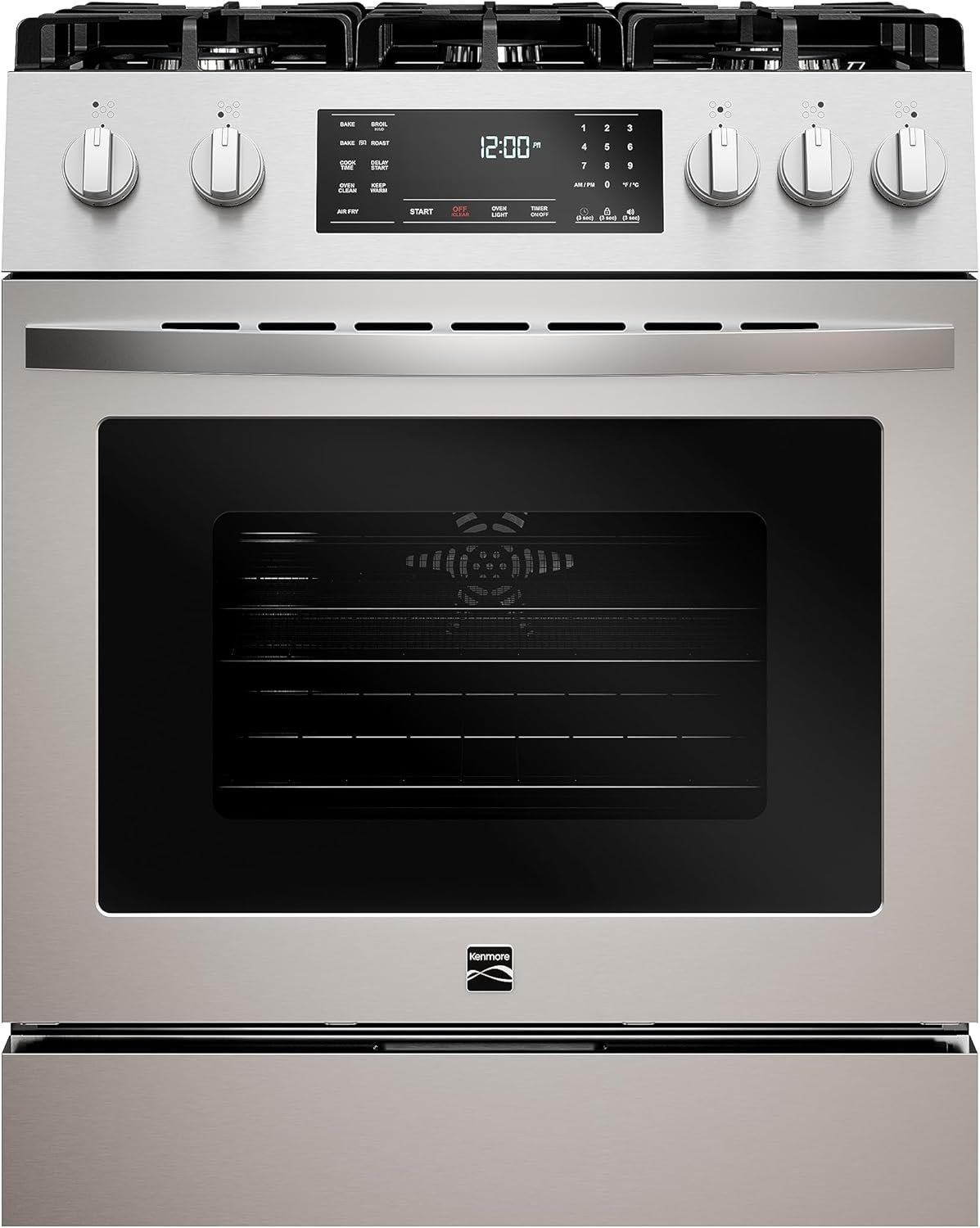 Kenmore Front Control Gas Range Oven with 5 Cooktop Burners, True Convection, Steam and Self Clean, Freestanding Stainless Steel Stove and Oven, 4.8 cu. ft. Capacity
