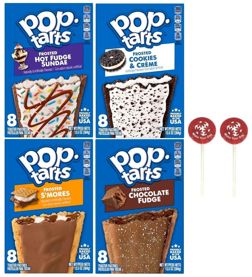 Pop Tart Frosted Toaster Pastries Variety, Hot Fudge Sundae, S'mores, Chocolate Fudge, and Cookies & Creme, 13.5 Ounce (Pack of 4) - with Two Make Your Day Lollipops