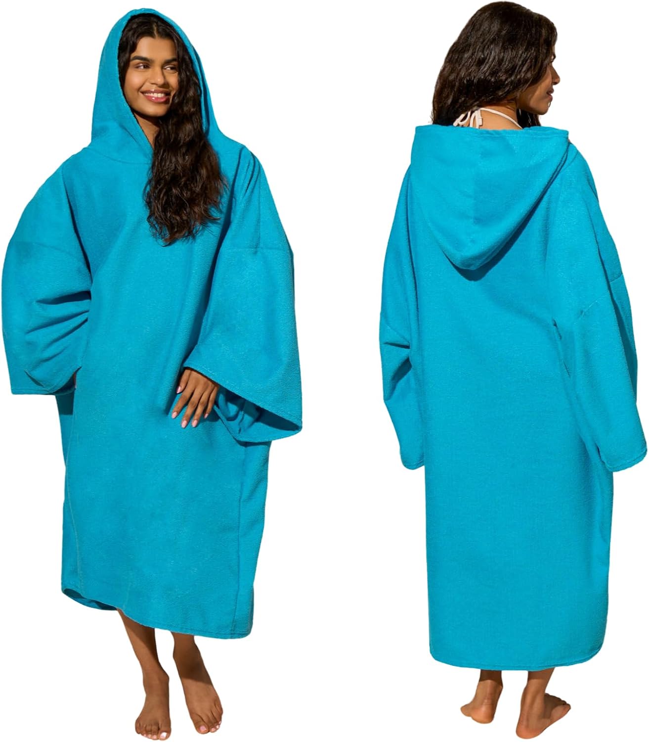 Brentfords Swim Towels for Adults Womens, Towel Poncho Changing Robe for Swim Surf Beach Bath Hooded Towel Large Absorbent Quick Dry Microfibre Beach Robe, Sea Blue