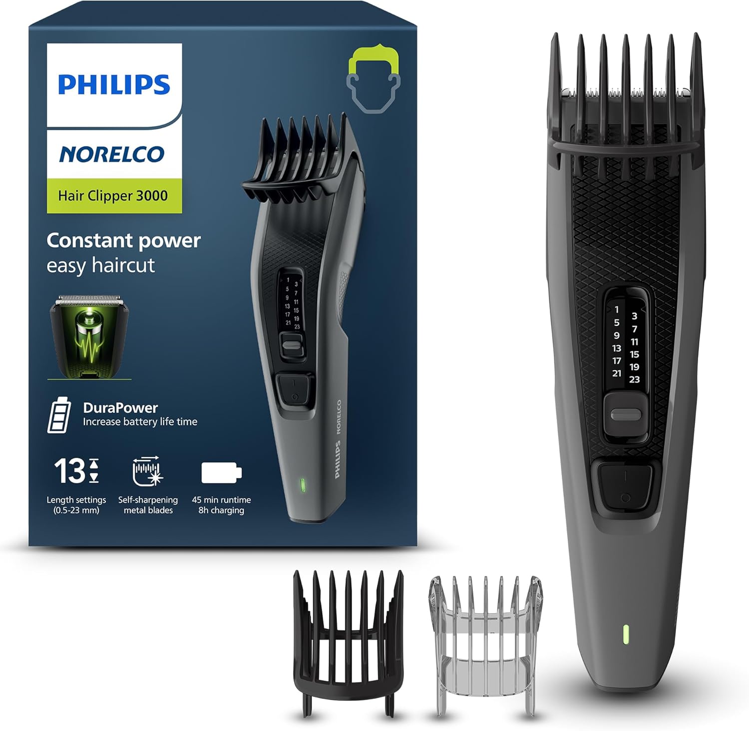Philips Norelco Hair Clipper 3000 Series, Hair and Beard Trimmer, Trim-and-Flow Technology, DualCut Technology, DuraPower, 13 Length Settings, 45 Min. Runtime, Zero Maintenance, HC3525/40