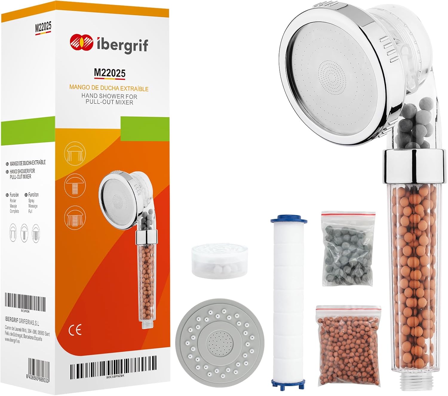 Ibergrif M22025 Shower Head with Beads Filter, 3 Mode Shower Head Filter, Universal Hard Water Softener with Extra Replaceable Accessories