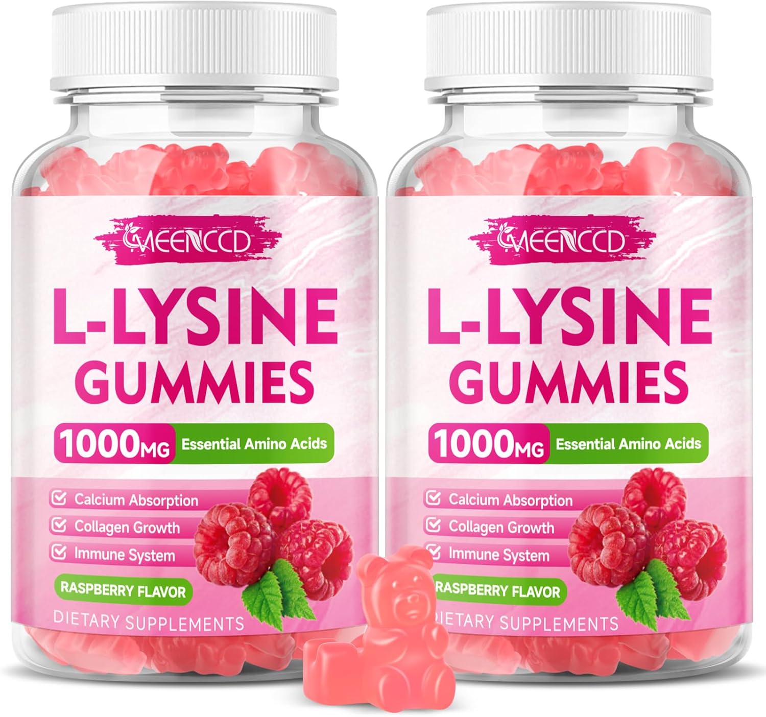 2 Pack L-Lysine 1000mg Gummies, Lysine Supplement for Adults & Kids, Essential Amino Acid for Lips & Oral Health, Boost Immune & Collagen & Calcium, Sugar-Free, Raspberry Flavor, 120 Count