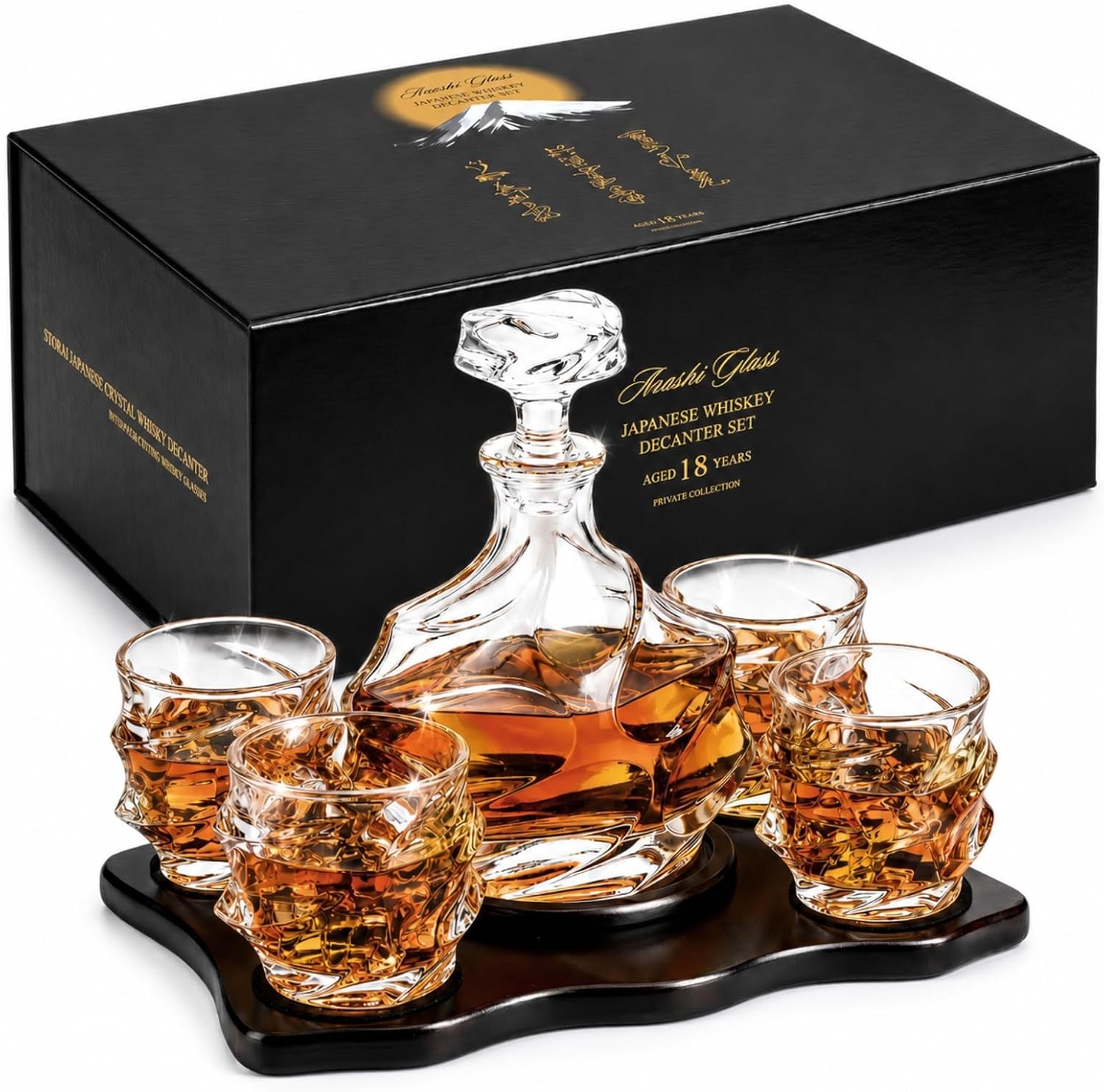 Storm Japanese Crystal Whisky Decanter Set with 4 Tumbler Glasses, Lead-Free Liquor Carafe & 10oz Rocks Glasses - Scotch, Bourbon, Spirits & Wood Base Elegant Barware Gift for Men, Japan Design Gifts