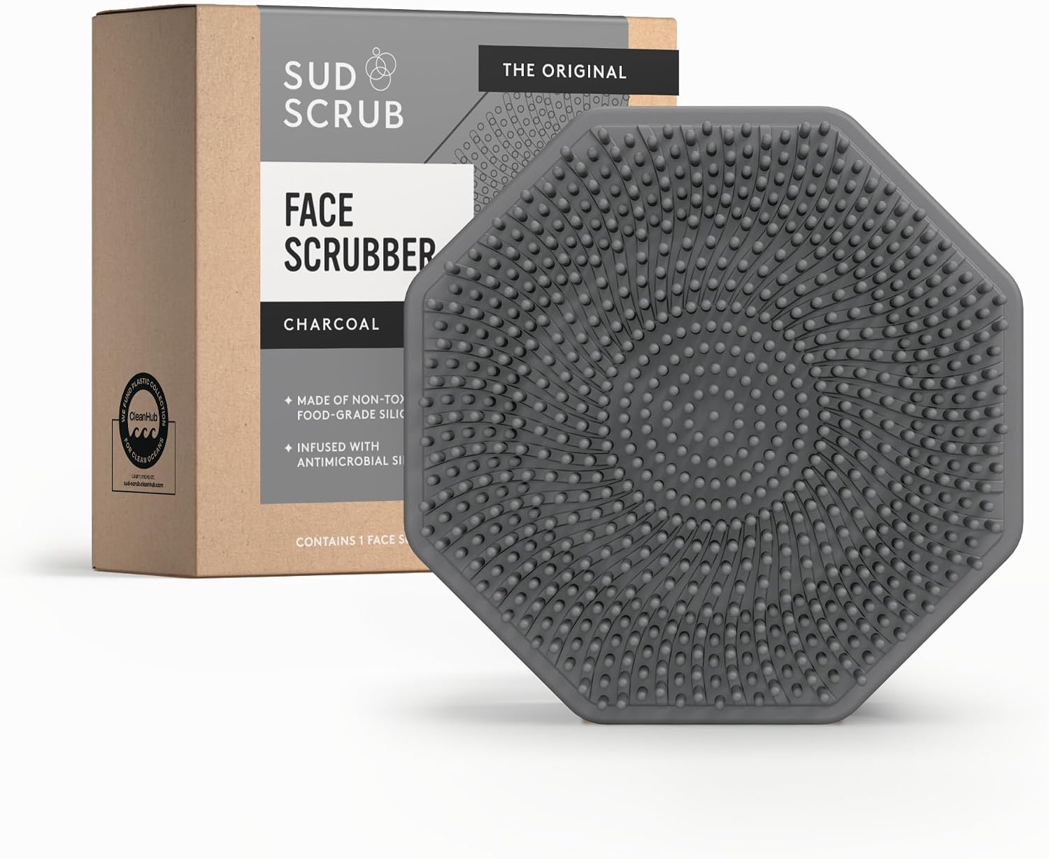Sud Scrub® Antimicrobial Silicone Face Scrubber, 1 Pack, Gentle Face Exfoliator for Sensitive Skin, Eco Friendly Facial Cleansing Brush, Exfoliating Face Brush for Men and Women (Charcoal)