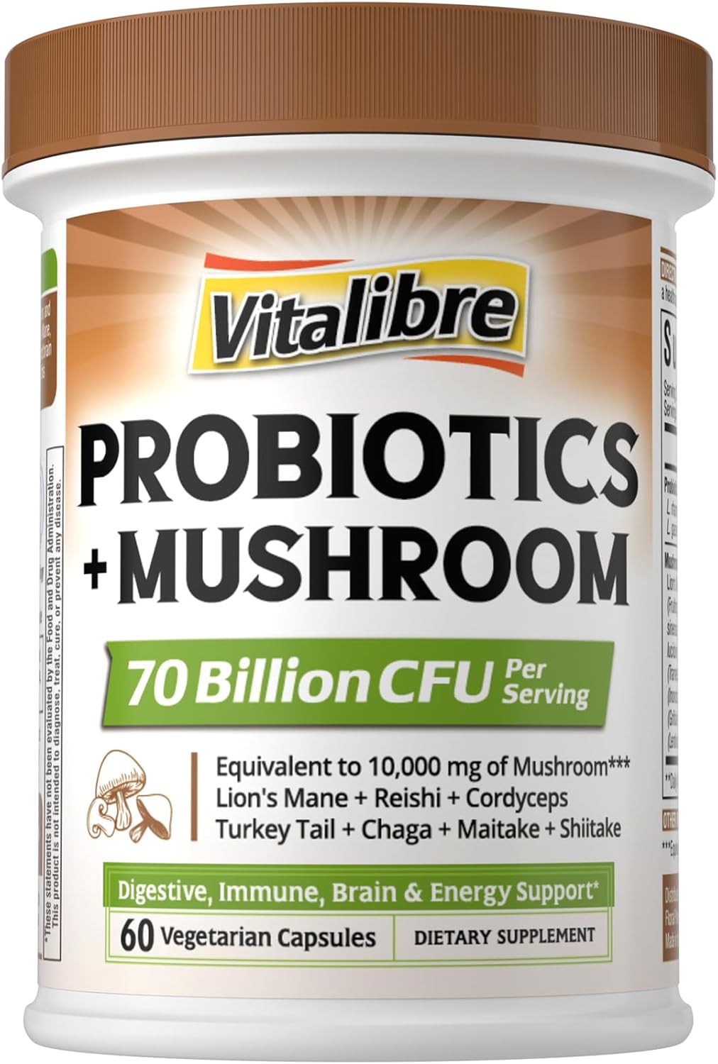 Probiotics+Mushroom, with Lion's Mane, Reishi, Cordyceps, 10 Probiotic Strains, 10000mg Mushroom Strength, for Digestive, Immune, Brain Health & Energy Production, 60 Vegan Capsules