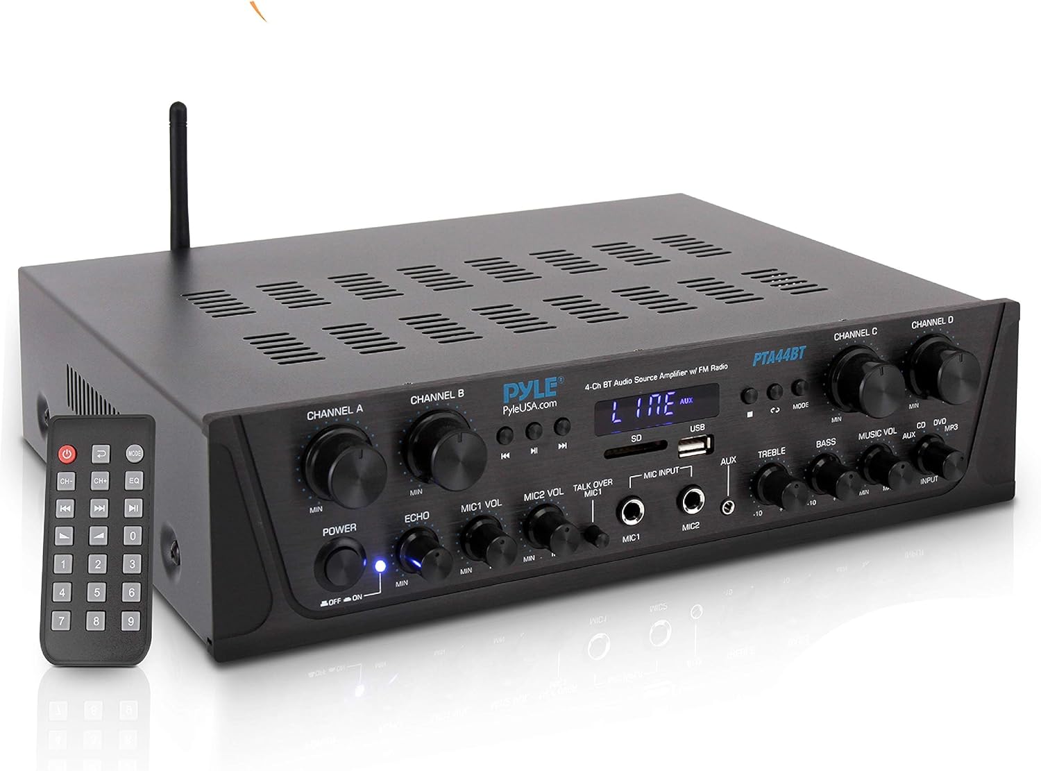 Pyle 500W Karaoke Wireless Bluetooth Amplifier - 4 Channel Stereo Audio Home Theater Speaker Sound Power Receiver w/AUX in, FM, RCA Subwoofer Speakers Out, USB, Microphone in w/Echo - Pyle PTA44BT.5