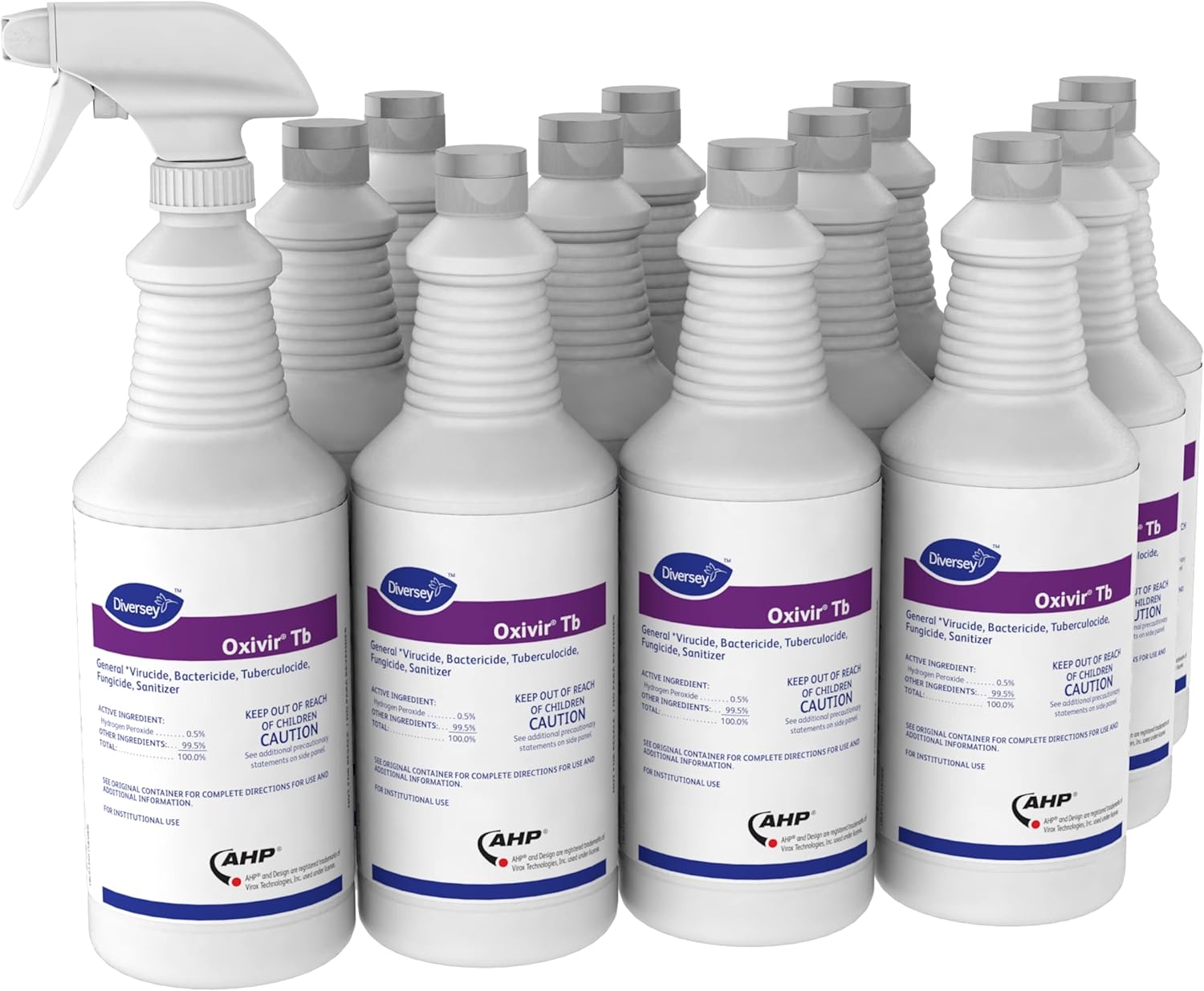 Oxivir Diversey 4277285 Tb Liquid Disinfectant Cleaner, Hospital Grade Accelerated Hydrogen Peroxide AHP, Ready-to-Use, 32-Ounce (Pack of 12 Capped Bottles + 1 Reusable Spray Nozzle)