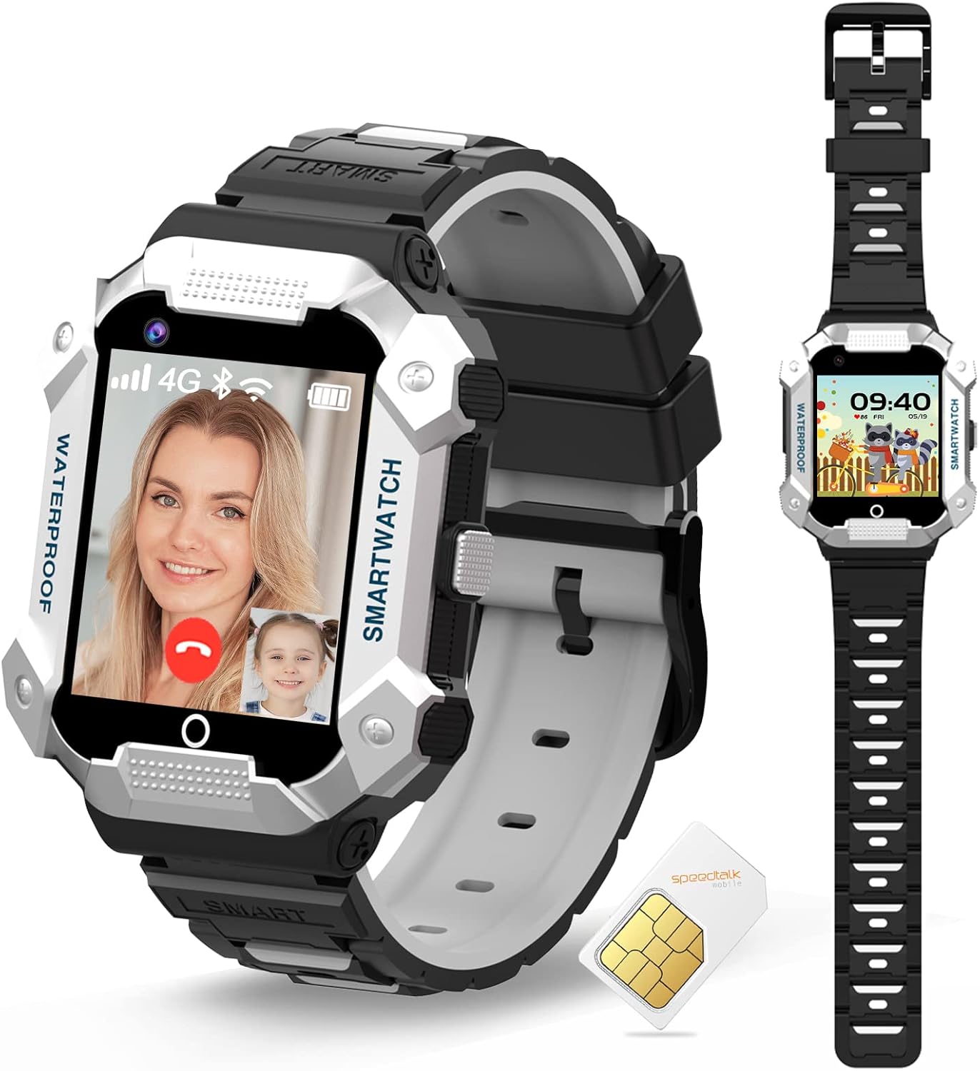 PTHTECHUS 4G Kids Smart Watch, Watch with SIM Card WiFi GPS Tracker,Video Calling,Voice Chat,School Mode SOS Emergency Alarm Camera Phone Smartwatch for Girls Boys Silver