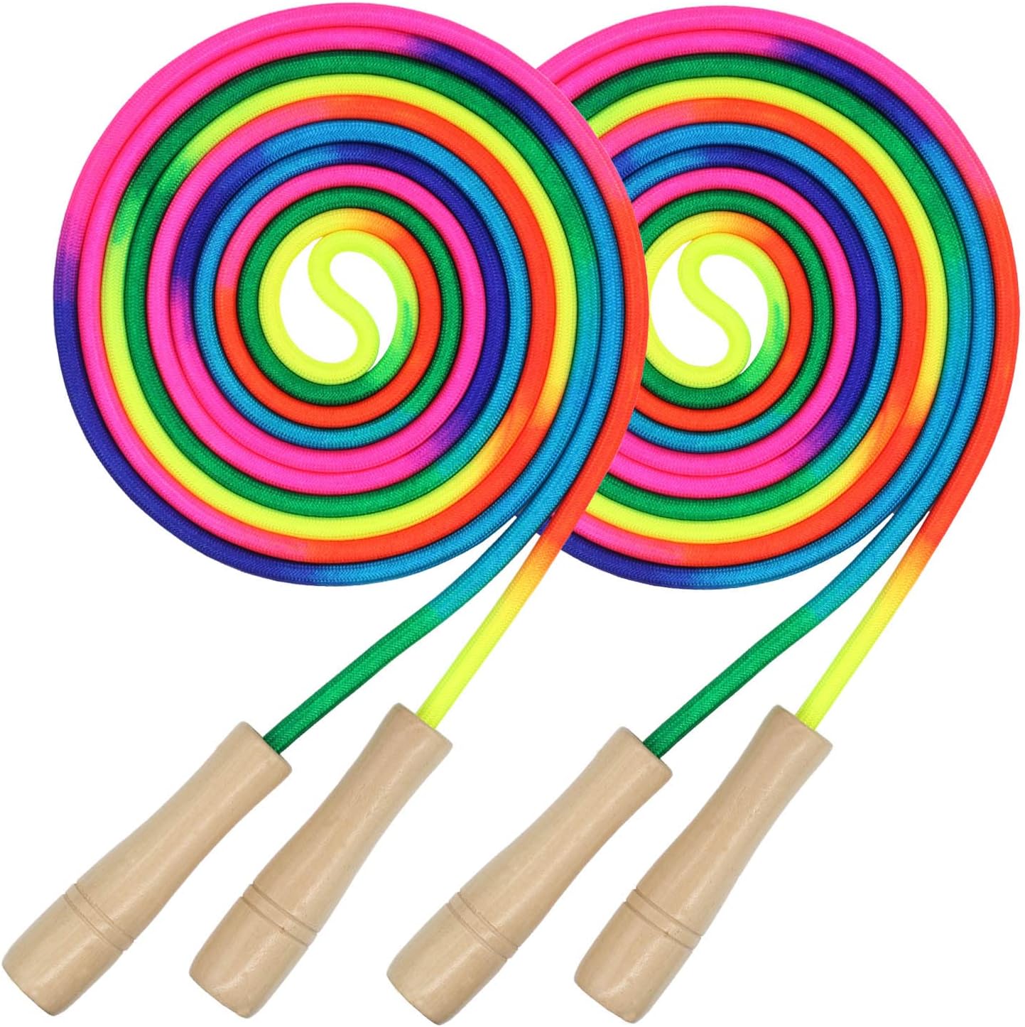 16 FT Long Jump Rope for Kids, 2 Pack Adjustable Double Dutch Skipping Rope with Wooden Handle, Multiplayer Rainbow Jumping Rope for Outdoor Fun, School Sport, Party Game