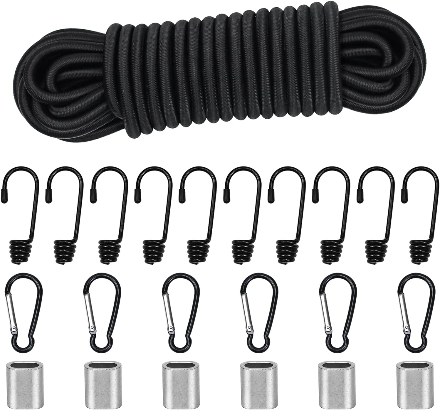 10M Elastic Cord, 5/16" Thick Shock Cord Heavy Duty 32Ft Elasticated Shock Cord Black Bungee Cords with Hooks and Carabiner for Caravan Cargo Craft Rack (8mm x 10M, Black)