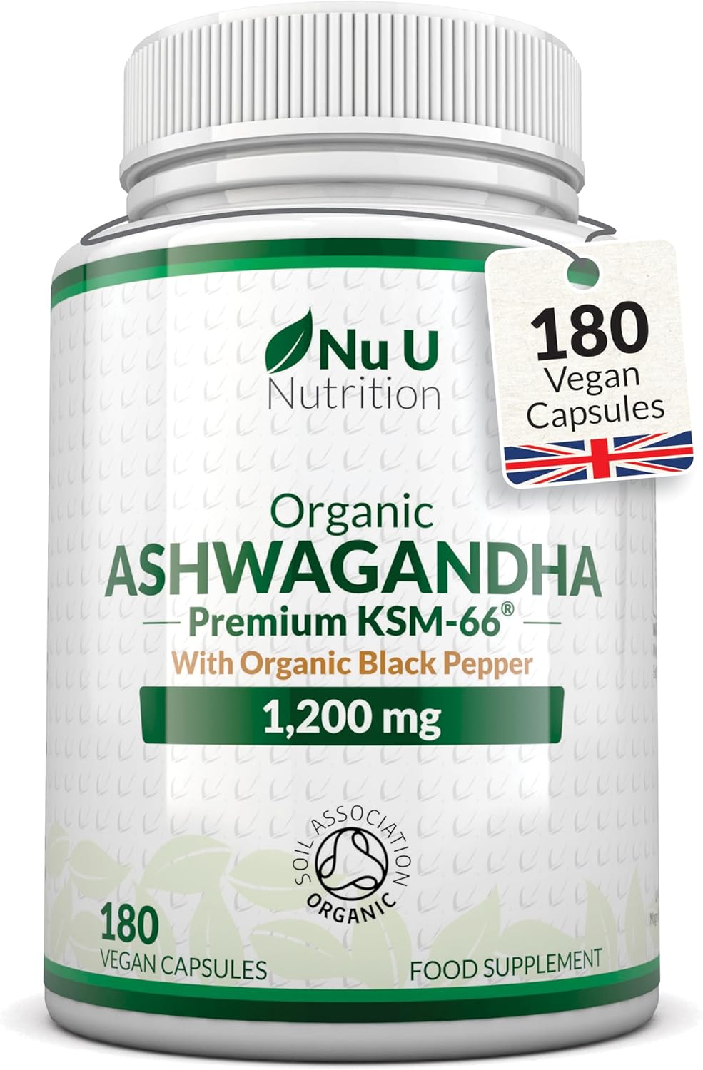 Organic Ashwagandha KSM-66® 1200mg - 5% Withanolides - 180 Vegan Capsules not Tablets - High Strength Ashwaganda Enhanced with Black Pepper - Soil Association Certified - Nu U Nutrition