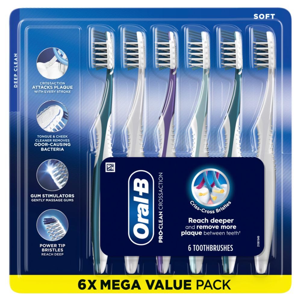 Oral-B Pro Health CrossAction All in One Soft Toothbrushes, Deep Plaque Fighter, Rounded Bristles Gentle on Teeth, Tongue and Cheek Cleaner, Gum Stimulators, 6 Count, Tooth Brush Pack