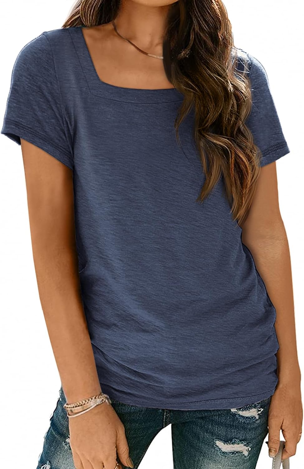 AUTOMET Womens Tops Casual Spring Summer Tshirts 2024 Short Sleeve Square Neck Basic Tee Outfits