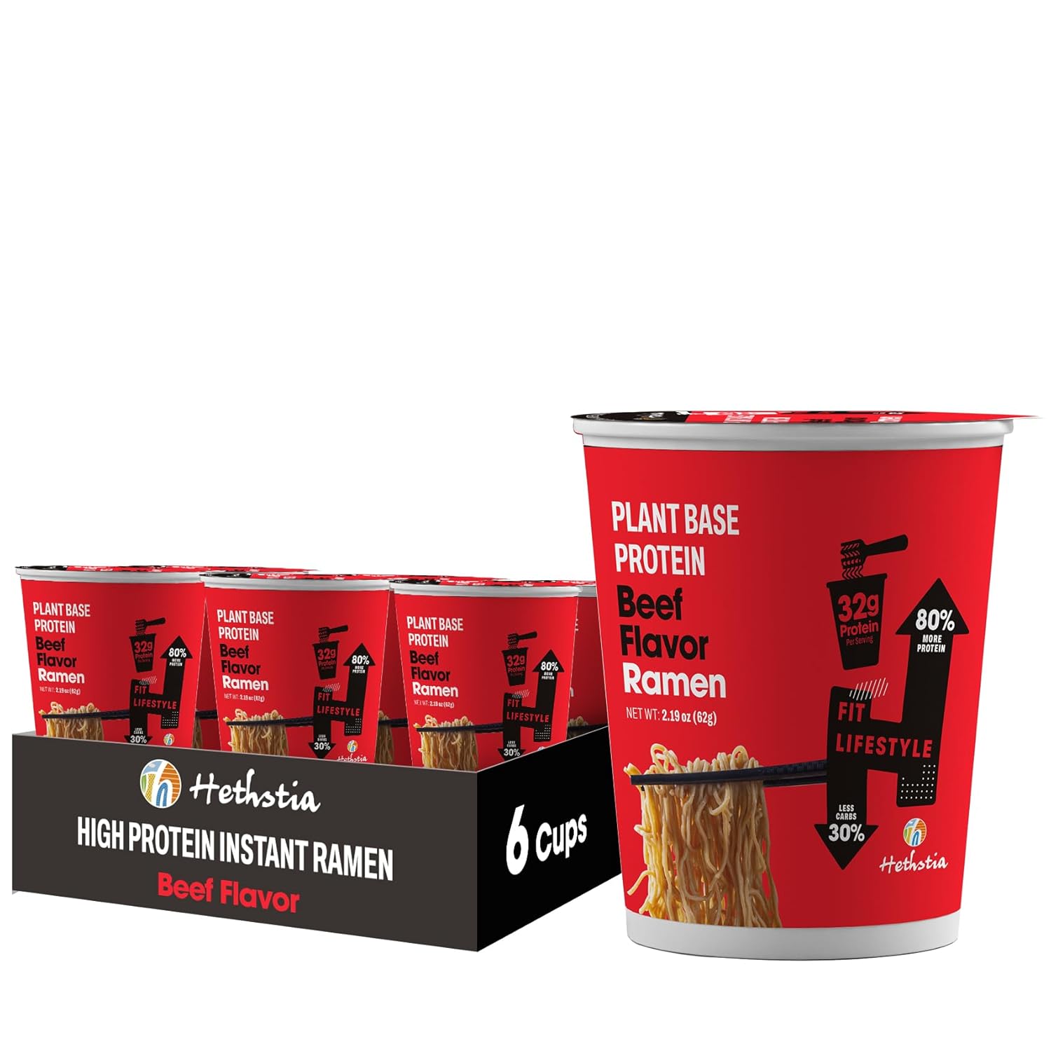 Hethstia High-Protein Ramen Beef Soup Cups – 6 Pack Instant Ramen Spicy Beef Flavor, 32g Plant-Based Protein, Vegan, Air-Dried, Non-Fried, Low Fat, Quick & Healthy Asian Meal, Perfect Holiday Gift