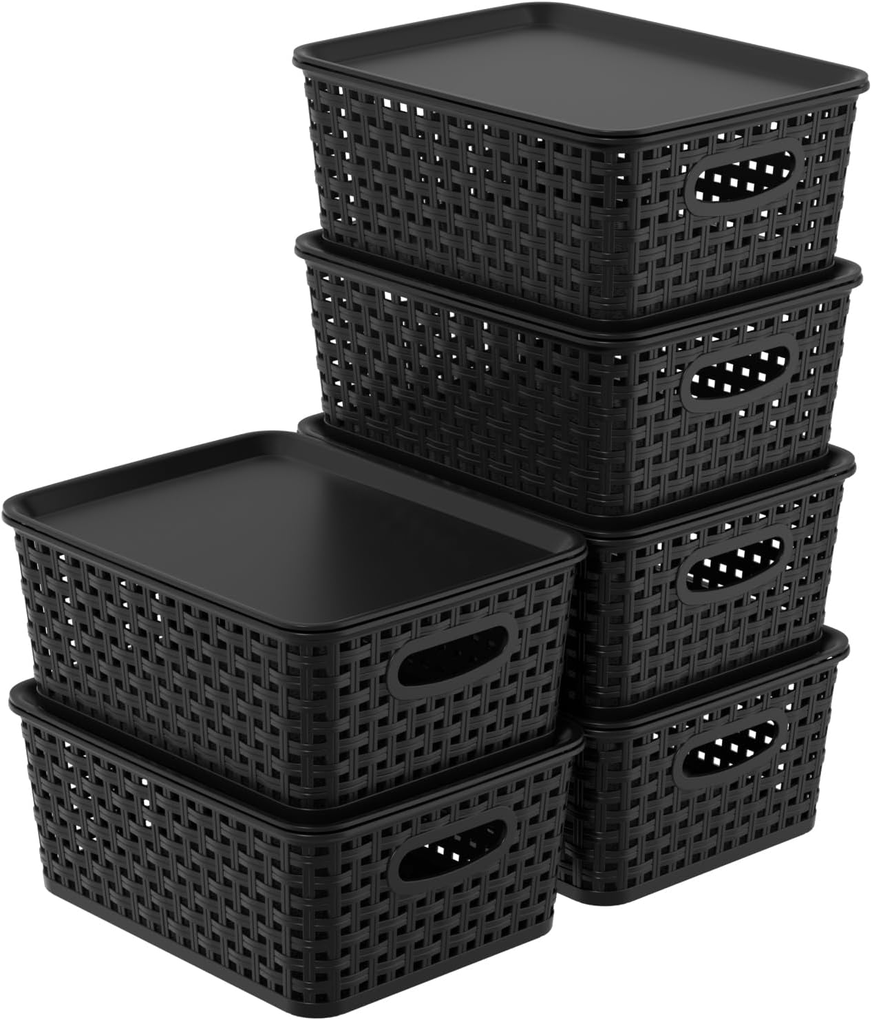 6 Pack Plastic Storage Basket Bins with Lid, Plastic Lidded Storage Bins Shelf Basket for Bathroom, Classroom, Office, Black