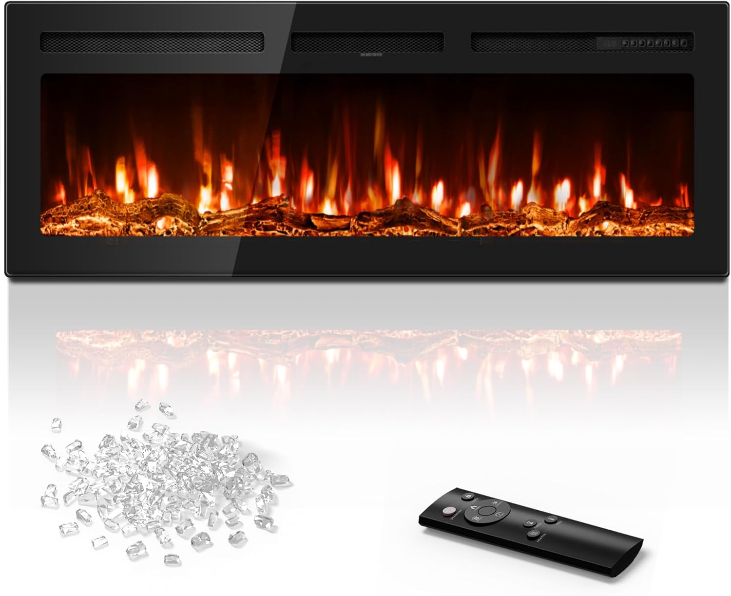 50 inch Electric Fireplace in-Wall Recessed and Wall Mounted with Remote Control, 1500/750W Fireplace Heater (60-99°F Thermostat) with 12 Adjustable Color, Timer, Log and Crystal