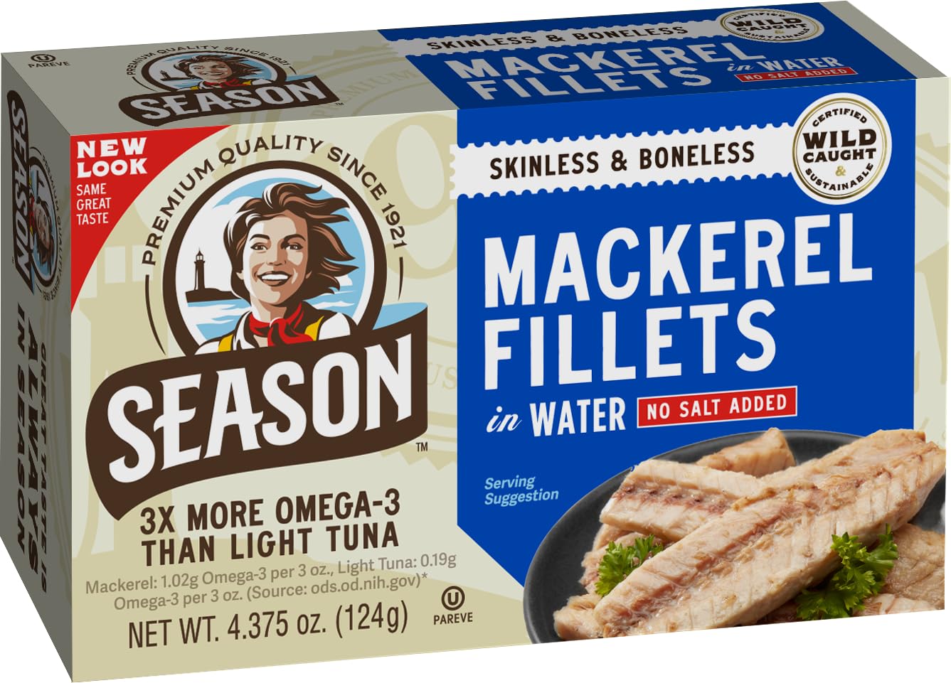 Season Mackerel in Water - Skinless & Boneless, No Salt Added, Wild Caught, Keto Snacks, Canned Mackerel Fillets, Full of Vitamins, Low in Mercury, Kosher, Non-GMO, 20g of Protein - 4.37 Oz, 12-Pack