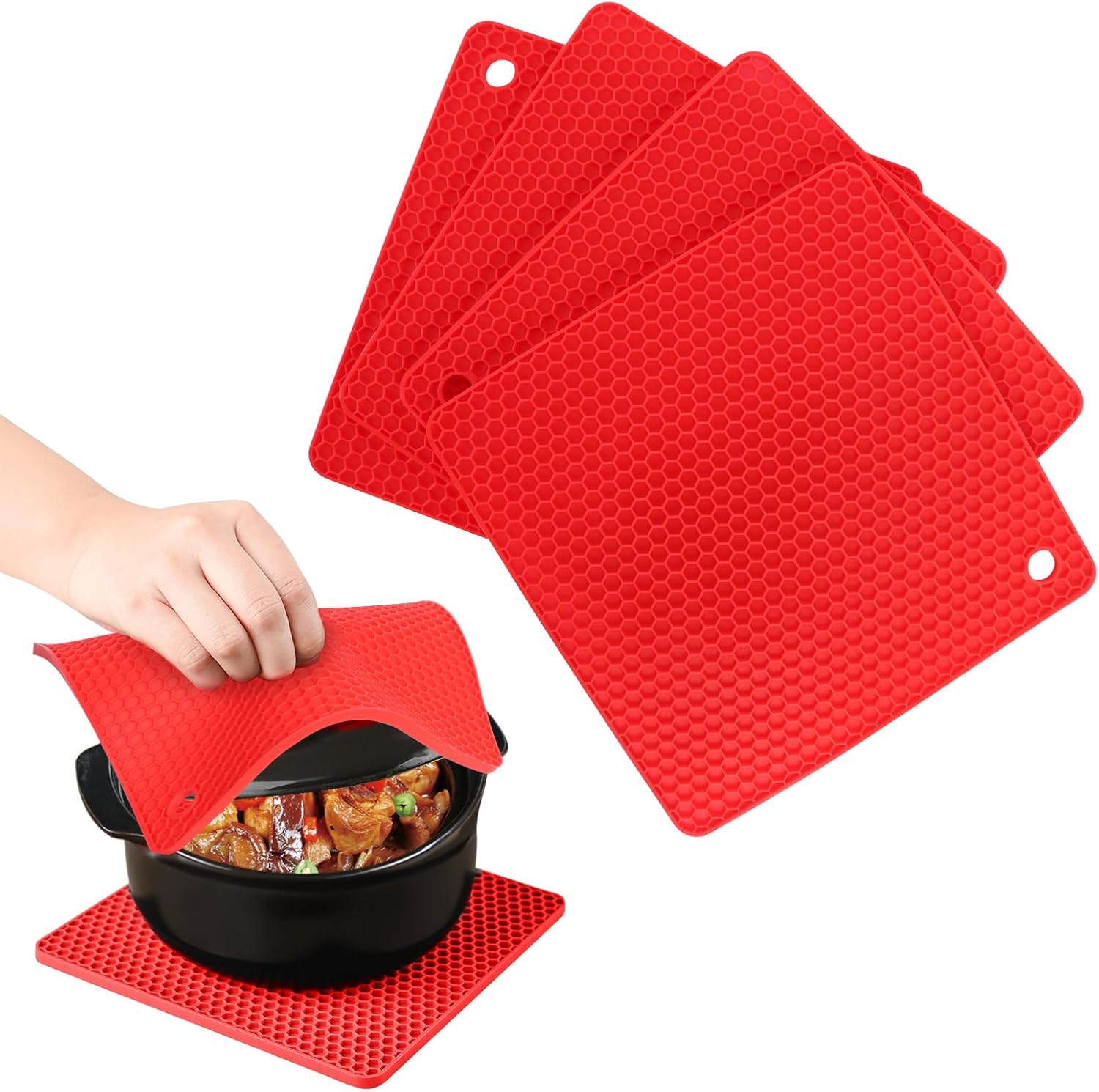 Minicoco 4PCS Silicone Trivet Mat Non-Slip Silicone Table Mat Honeycomb Hot Pads Multi-Purpose Heat Resistant Table Place Mats for Hot Pots and Pans, Kitchen Cooking Dining Microwave,Square,Red