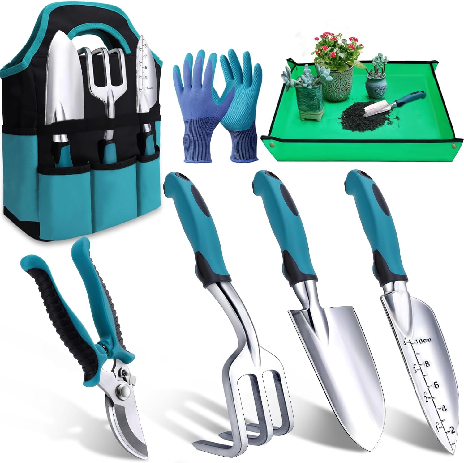 Kynup Garden Tools Set, 7 Pieces Gardening Hand Tools, Rust-Proof Gift Set with Durable Storage Tote, Ergonomic Anti-slip Handle, Ideal Gardening Gifts for Women & Men