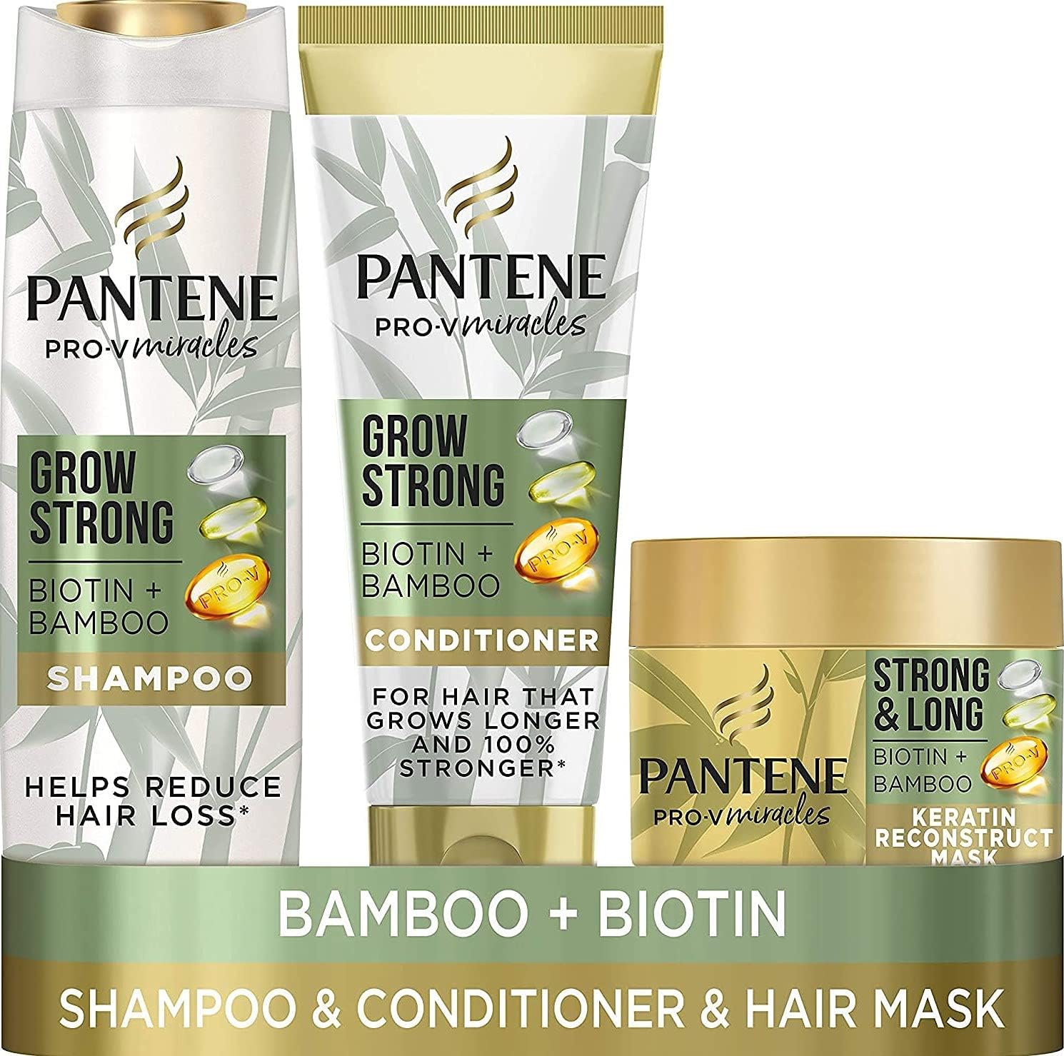 Pantene Grow Strong Shampoo And Conditioner Set + Keratin Hair Mask Helps Reduce Hair Loss, For Dry Damaged Hair, Full-Size Hair Growth Shampoo, Conditioner & Keratin Treatment Hair Mask