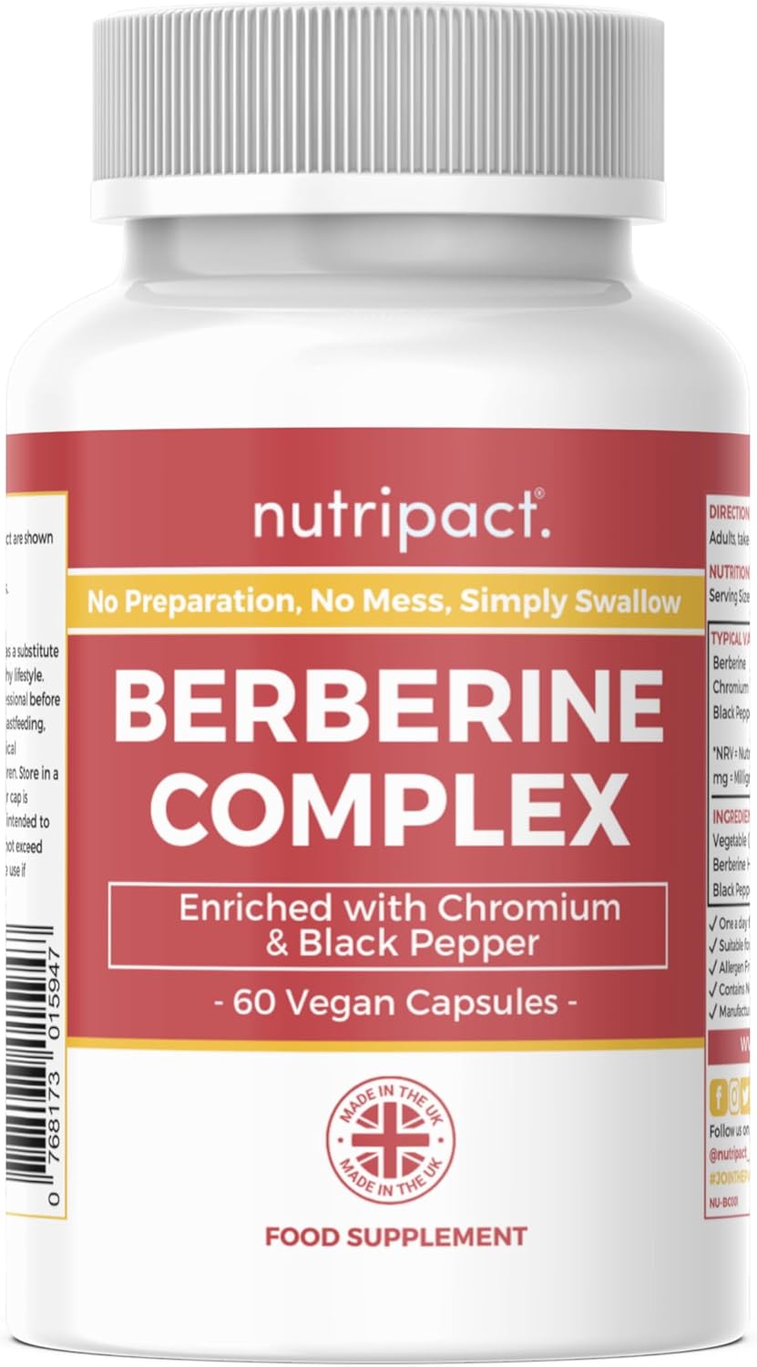 Nutripact Berberine Supplement with Chromium Picolinate and Black Pepper - 60 Vegan Capsules (not Tablets) High Strength 500mg - Made in The UK