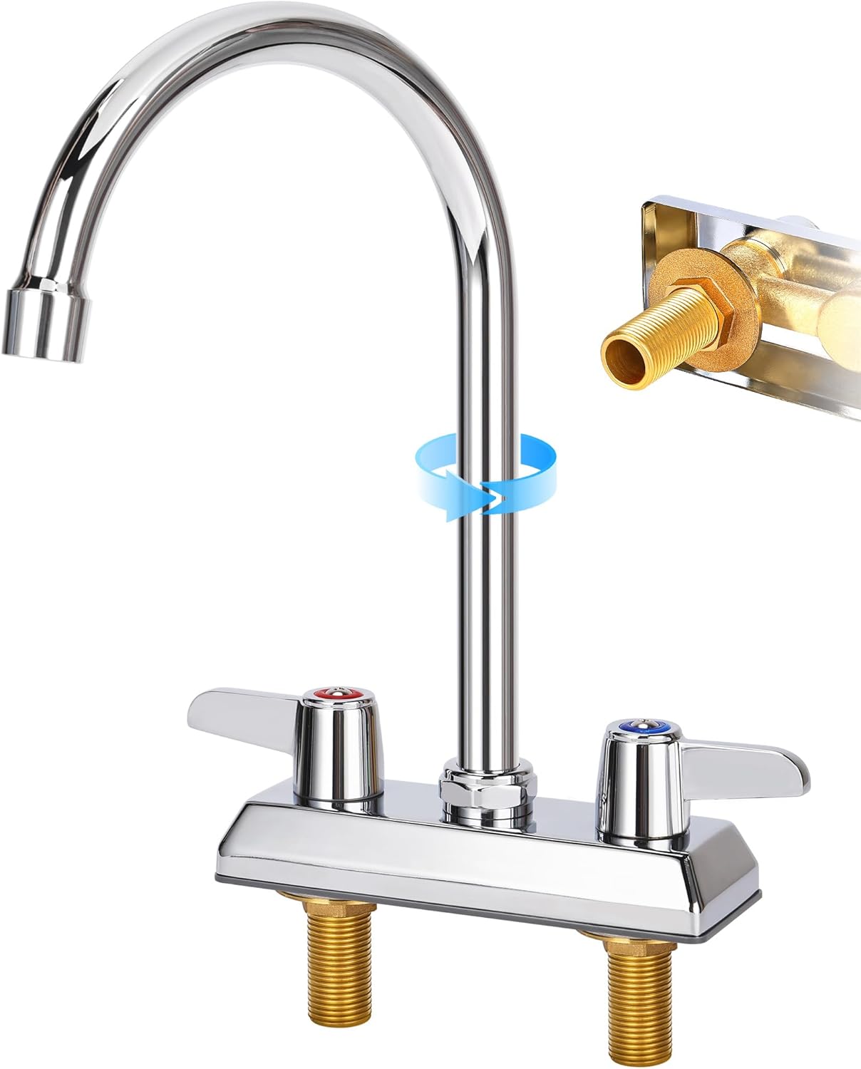 Commercial Bar Sink Faucet,4 Inch Center Deck Mount Utility Sink Faucet， 2 Hole Brass Constructed,Chrome Polished with 6" Gooseneck Spout and 90°Rotatable Dual Lever Handles.