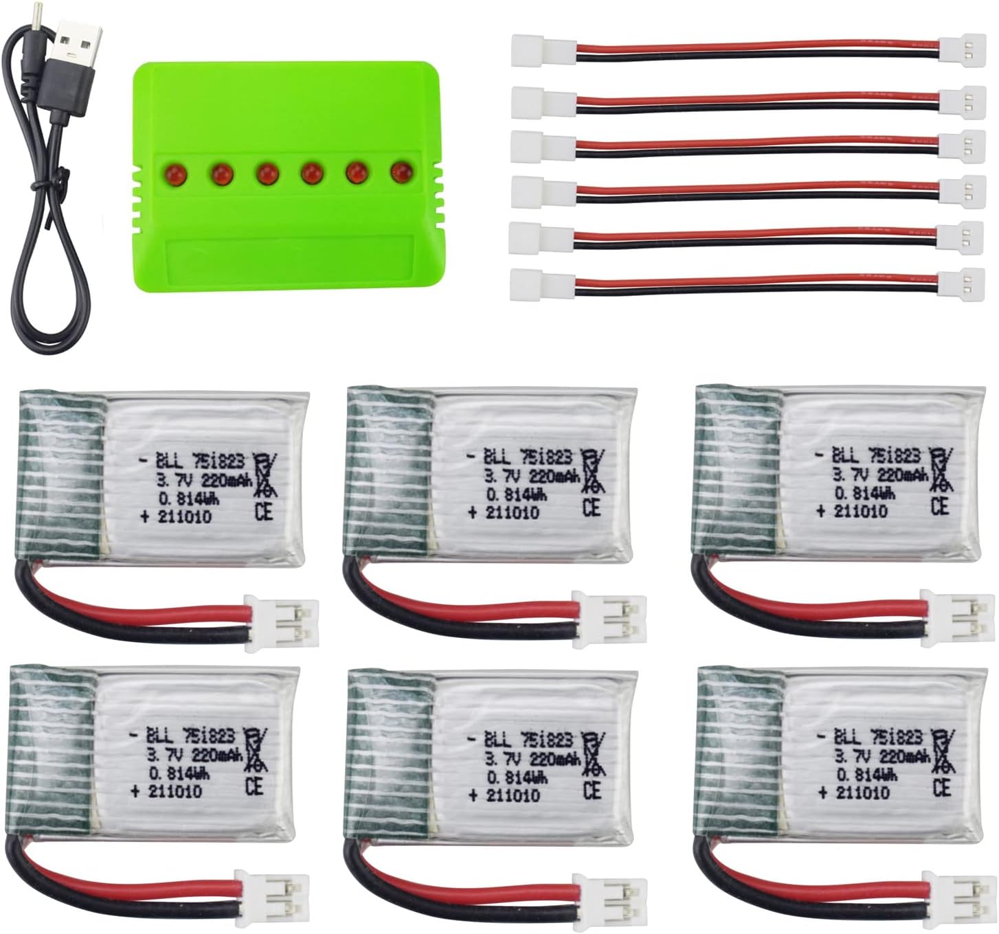 Fytoo Accessories 6PCS 3.7V 220mah Lithium Battery & 6 in 1 Balance Charger for E010 E010C E011 E011C E013 GoolRC T36 NINHUI NH010 F36 H36 HS210 SANROCK GD65A ATOYX AT-66 Four-axis RC Drone Battery