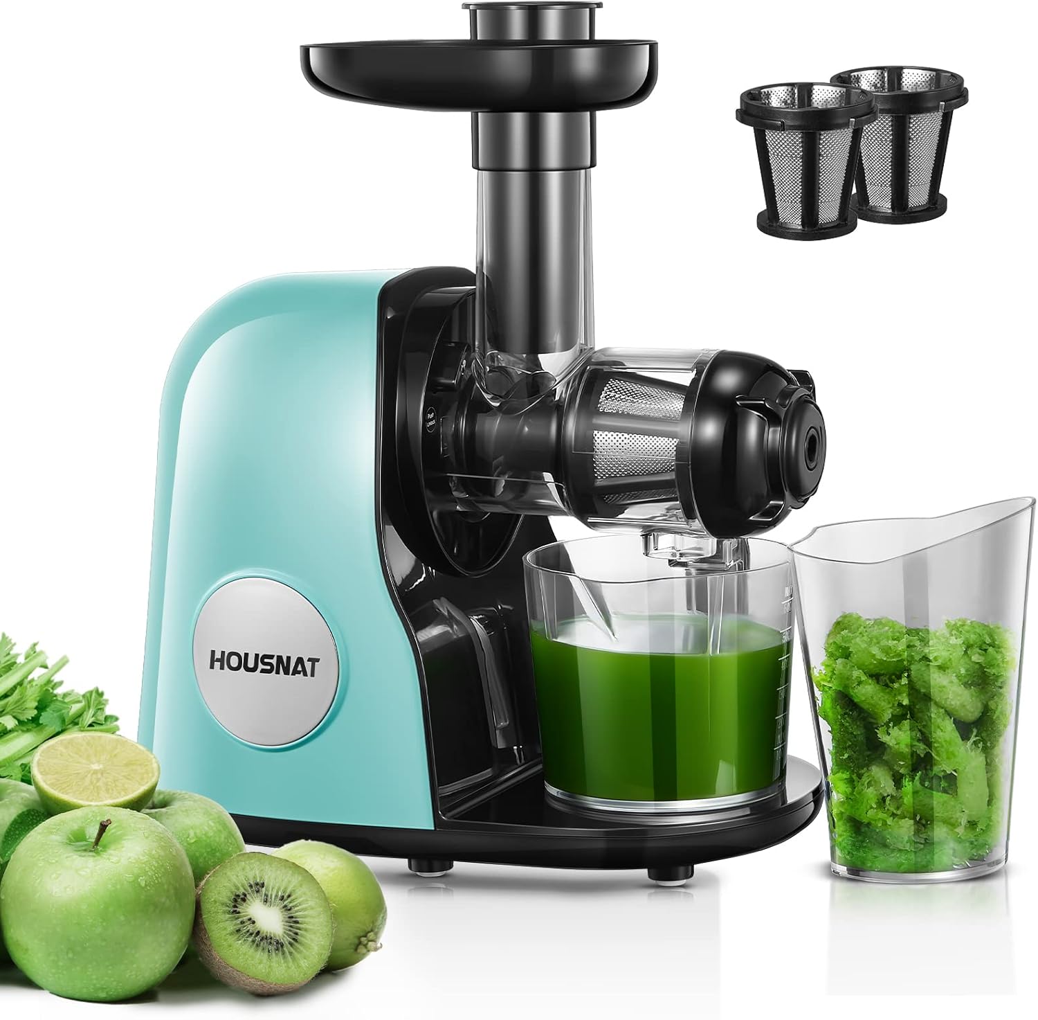 Juicer Machines, HOUSNAT Professional Celery Slow Masticating Juicer Extractor Easy to Clean, Cold Press Juicer with Quiet Motor and Reverse Function for Fruit & Vegetable, Brushes & Recipes Included