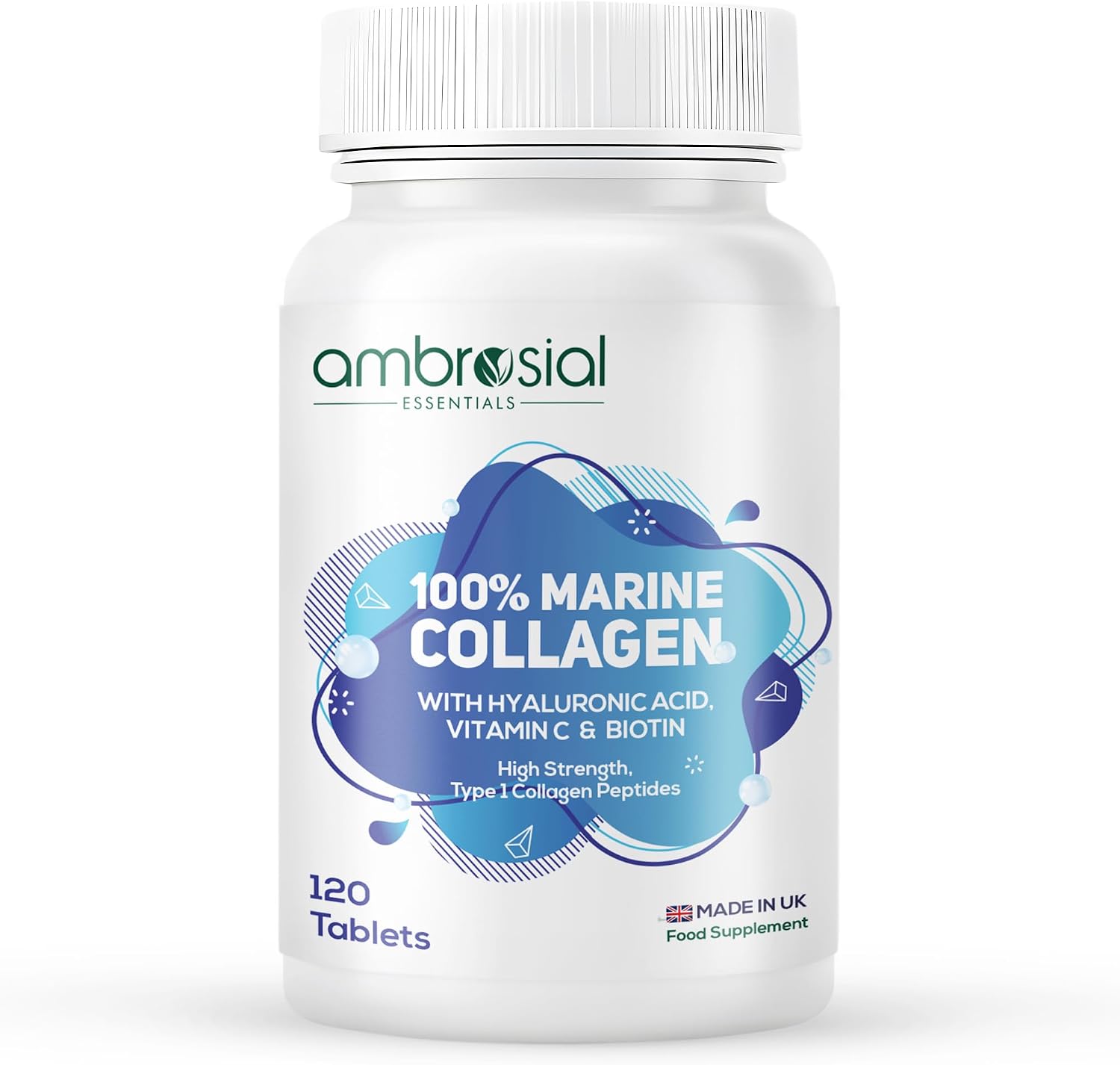 Ambrosial Hydrolysed Pure Marine Collagen Supplement 1200mg Type 1 with Hyaluronic Acid, Vitamin C, Biotin & Zinc for Women & Men – Botanical Complex, UK Made, Non-GMO, GMP Certified, 120 Tablets