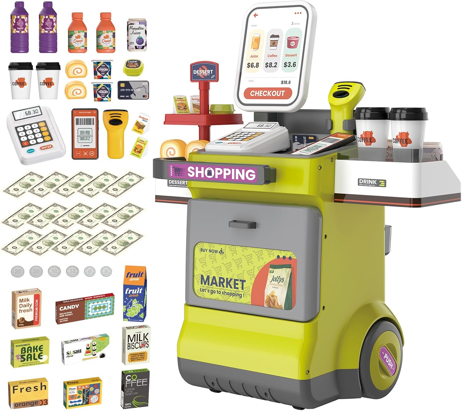 deAO Cash Register Playset for Kids,48PCS Kids Store Supermarket Playset Pretend Play Cash Register Toy with Scanner, Grocery Game Food Set and Play Food (Green)