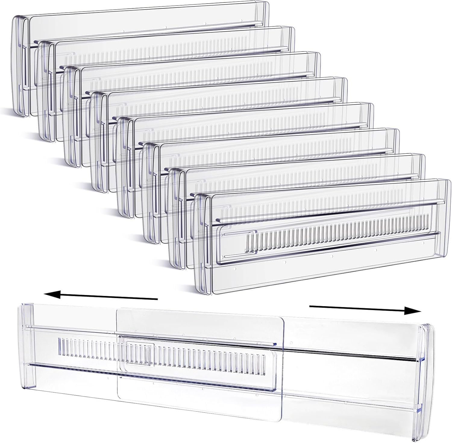 Yafe Drawer Dividers - 8 Pack Clear Organisers, 3.2" High, Expandable 11.3-20", Adjustable Plastic Drawers Separators for Clothes, Baby, Utensils, Cutlery, Kitchen