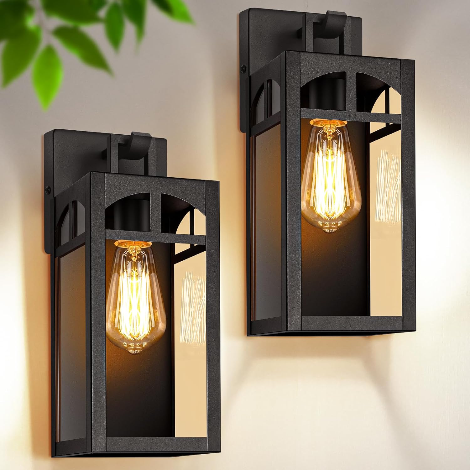 Matte Black Outdoor Wall Lights - 2 Pack Waterproof Sconces with Clear Glass Shade, Anti-Rust E26 Socket for Porch, Entryway, Patio, Garage