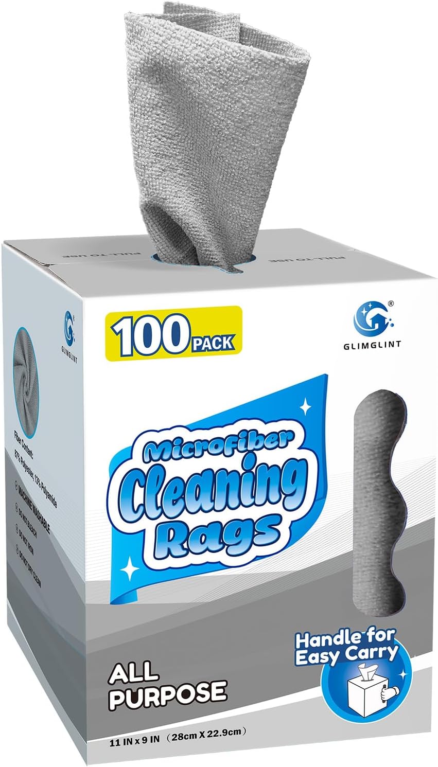 GLIMGLINT Microfiber Cleaning Cloth, 100 Pack Cleaning Rags, Lint-Free, Ultra Absorbent Reusable Paper Towels for Home, Kitchen, Car, Garage or Shop, Microfiber Rags, 11" x 9", Grey