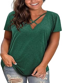 Plus Size Tops for Women Summer Short Sleeve Sexy V Neck Criss Cross T-Shirt Tunic Casual Loose Soft Tee Shirt