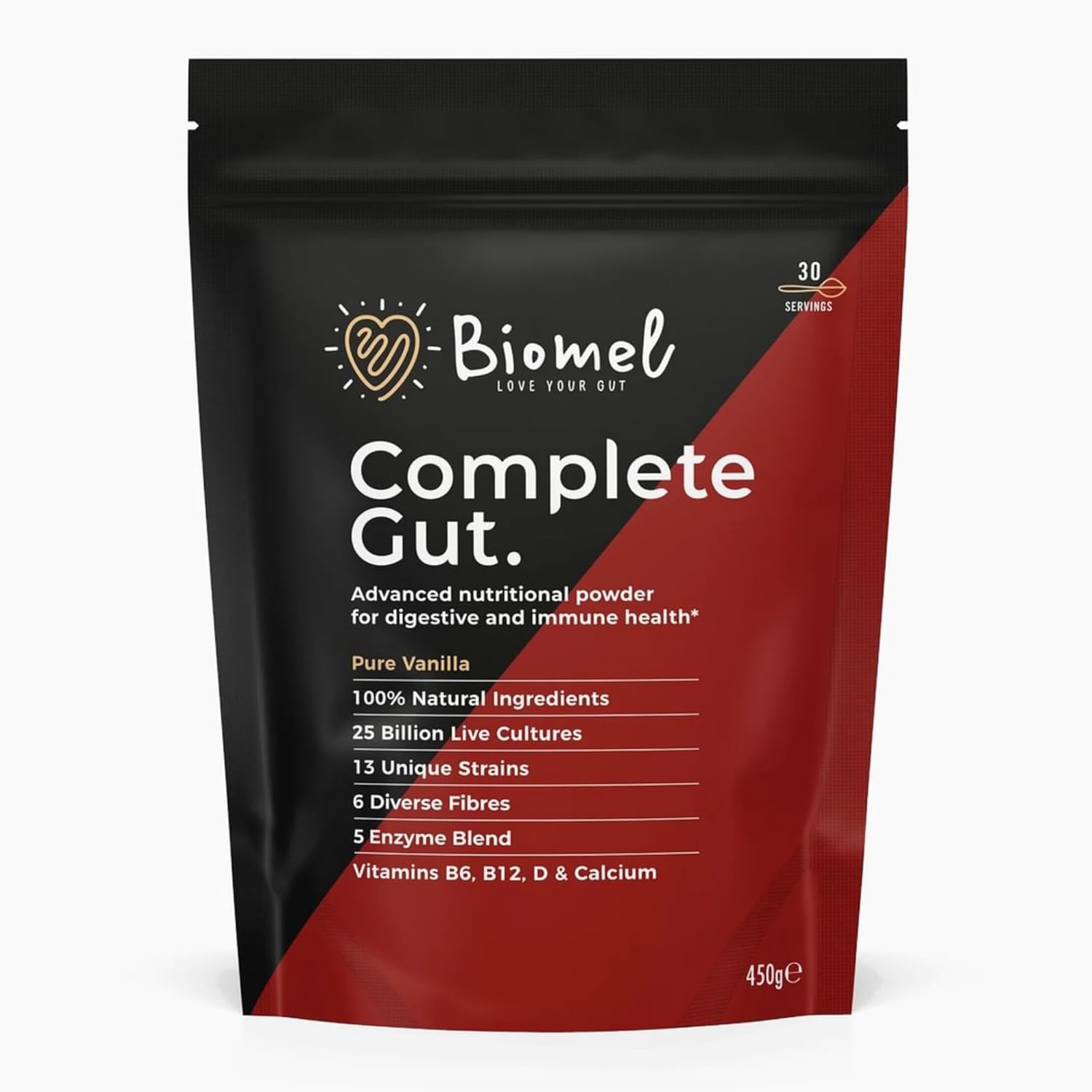 Biomel Complete Gut - Pure Vanilla - Advanced Gut Health - 450g/30 Servings - Vegan Friendly - Gluten Free - Delicious & Effective