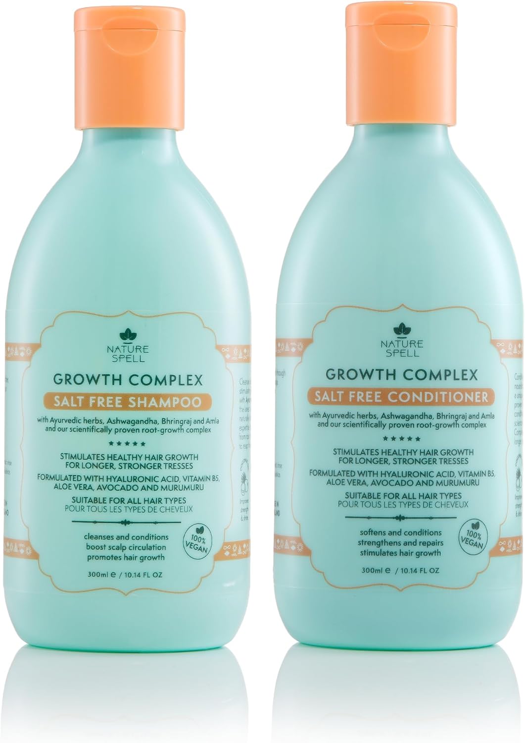 Nature Spell Hair Growth Complex Shampoo and Conditioner Set, Nourishing and Strengthening, Infused with Hyaluronic Acid and Vitamin B5, For All Hair Types, Vegan, Pack of 2, 300ml Each