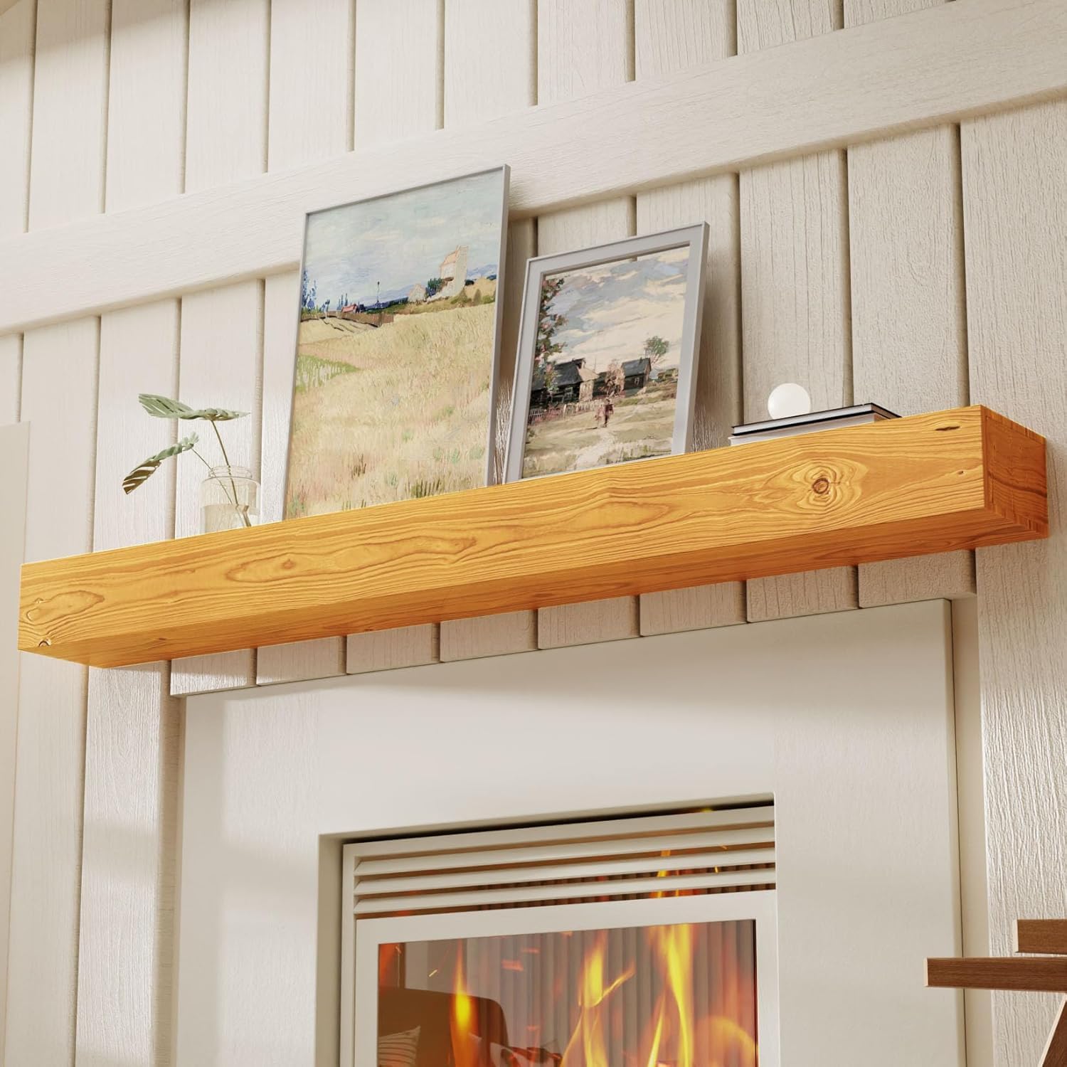 Floating Fireplace Mantel Shelf 60 inch Rustic Solid Wood Mantels for Fireplace Natural Pine Wood Mantle for Fireplace Living Room Farmhouse - 60 X 8 X 5，Rustic Natural