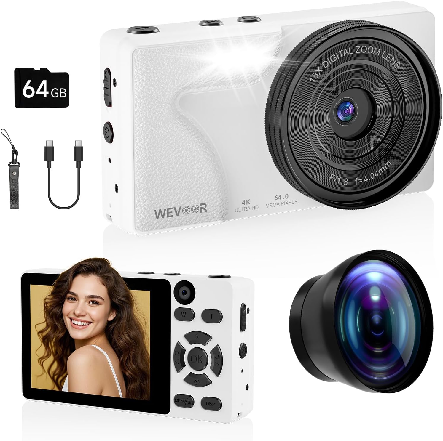 4K Digital Camera for Photography Autofocus,18X Zoom, 64MP Portable Pocket Camera for Vlogging Travel Video, Compact Point and Shoot Digital Camera for Beginners with 64GB Card